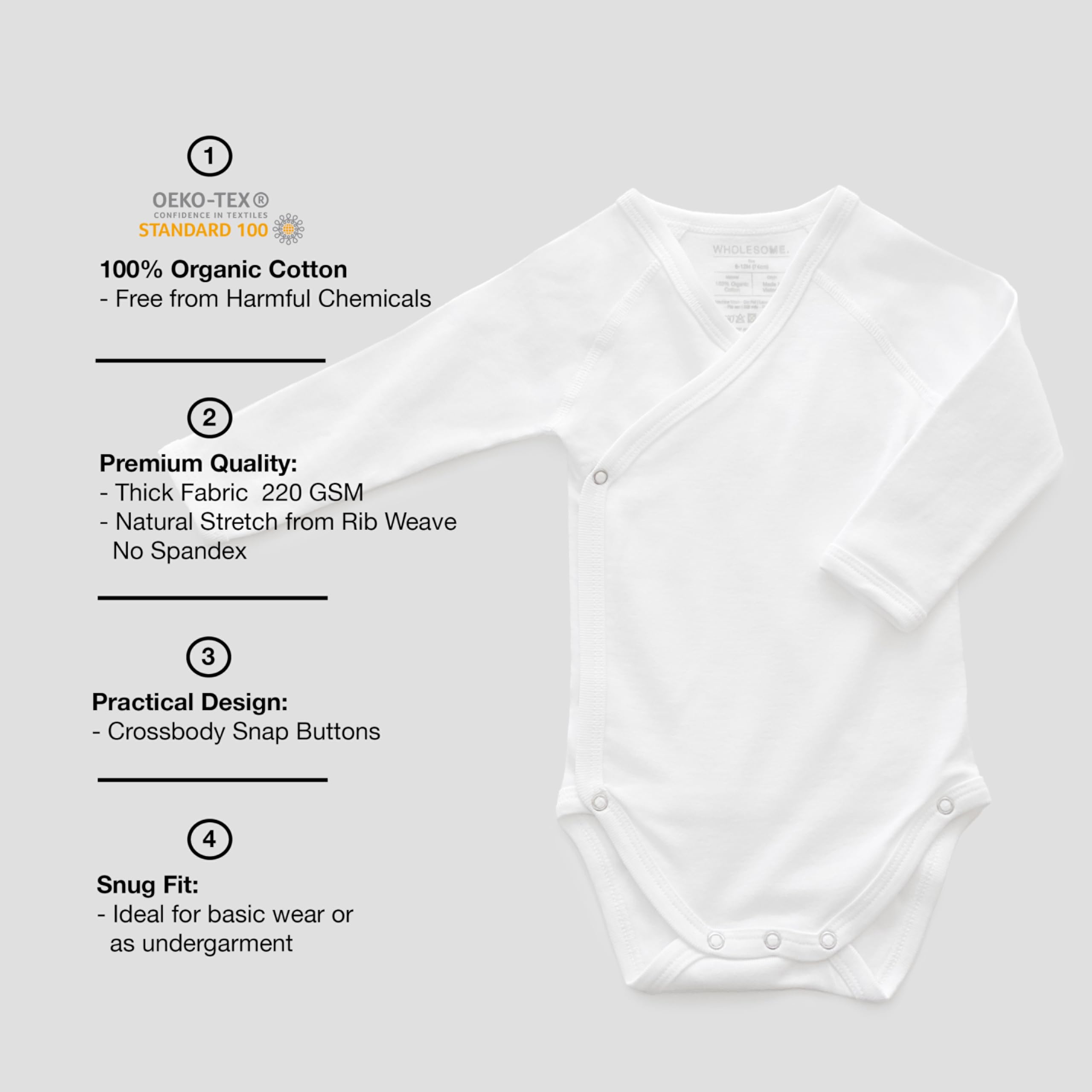 Organic Cotton Long Sleeve Baby Bodysuit Kimono - Unisex Infant Onesie for Boys & Girls | Soft, Snug Fit Newborn Clothes | Perfect for Everyday Wear, Photo Shoots & Gift Giving