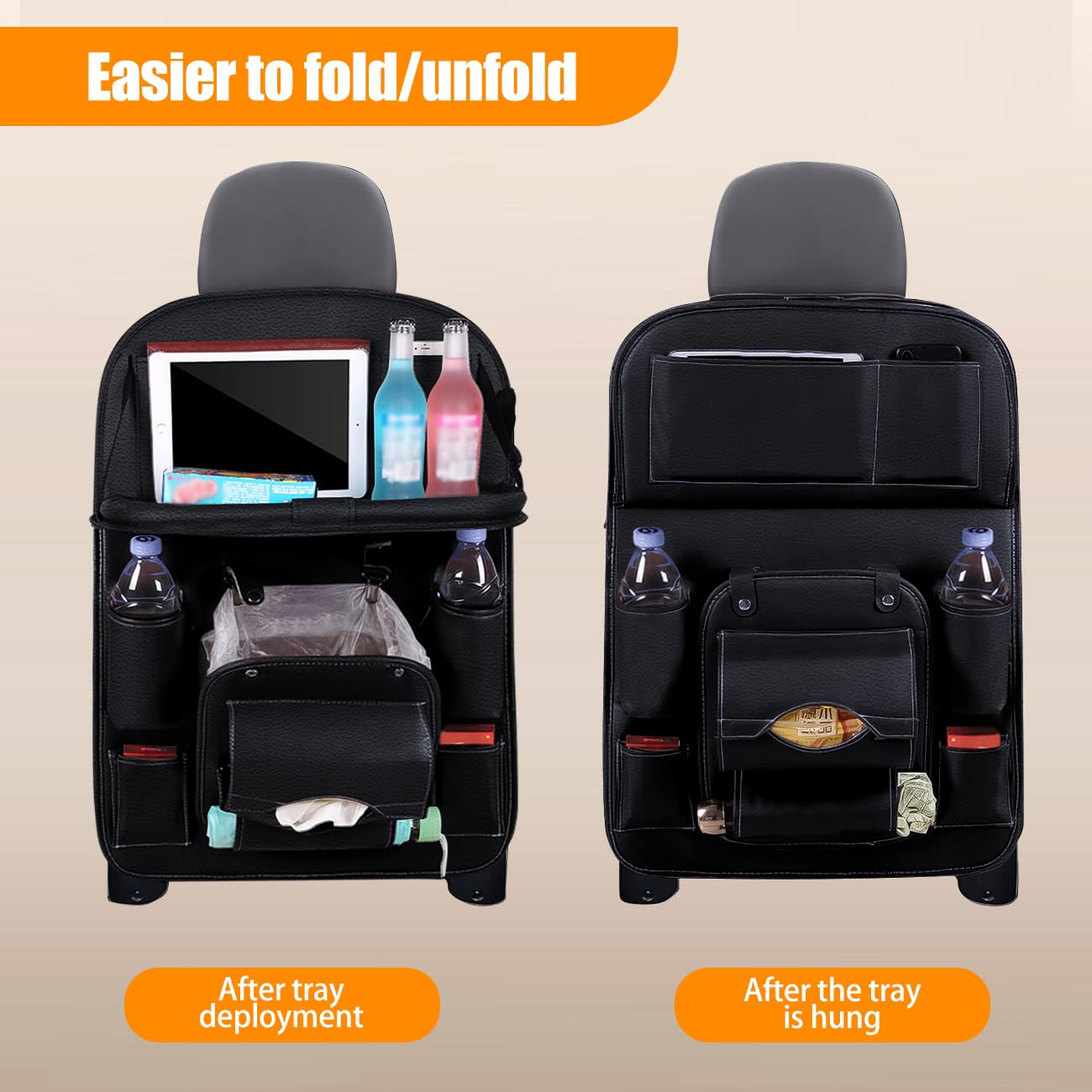 2 Pack Leather Car Backseat Organizers with Foldable Garbage Storage, Kick Mats Back Seat Protector & Tablet Holder, Car Storage Organizer for Kids - Perfect for Family Road Trips and Daily Commutes