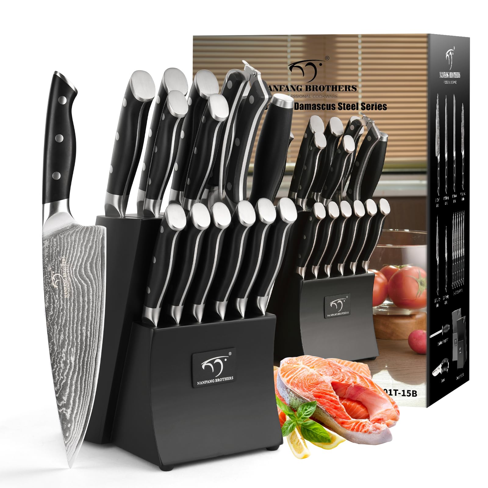Premium Damascus Steel Kitchen Knife Set - 15-Piece Chef Knife Collection with Wooden Block, Ergonomic ABS Handles, Steak Knives, Knife Sharpener & Shears - Perfect for Home Chefs & Professional Cooking