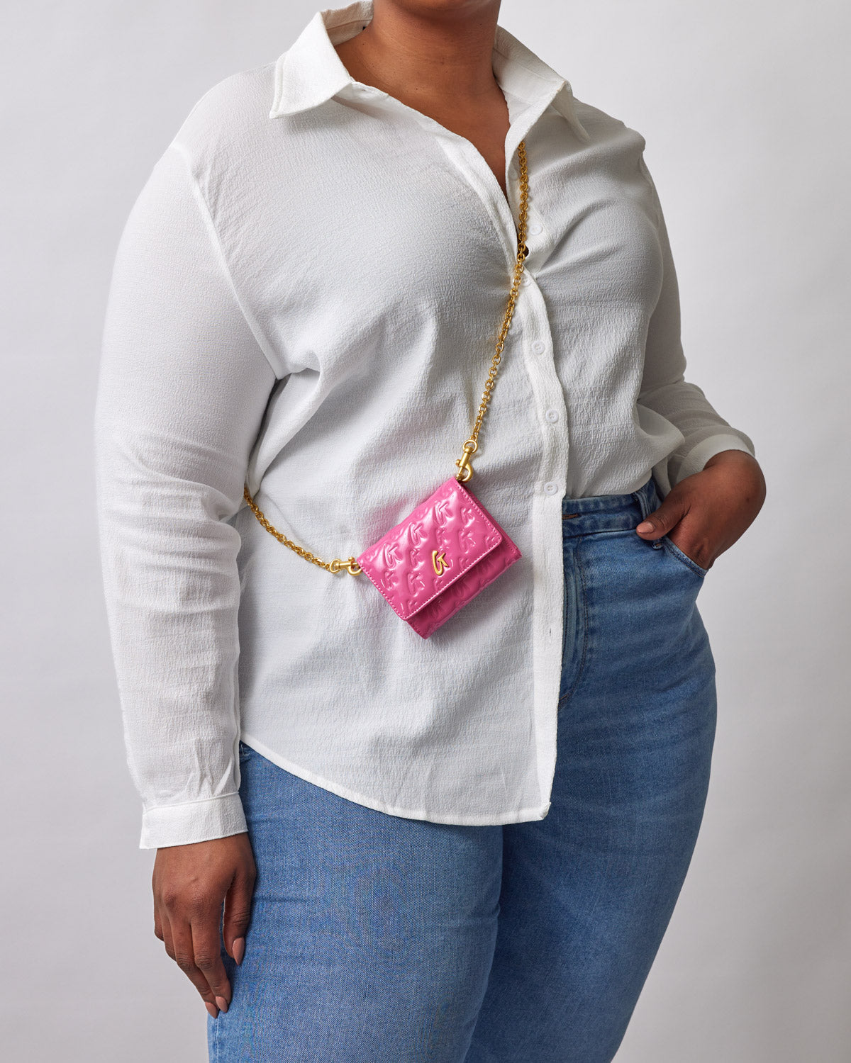Monogram Gold Compact Wallet on Chain WOC with Mirror - Hot Pink | Luxury Crossbody Bag for Women, Perfect for Parties & Evening Events