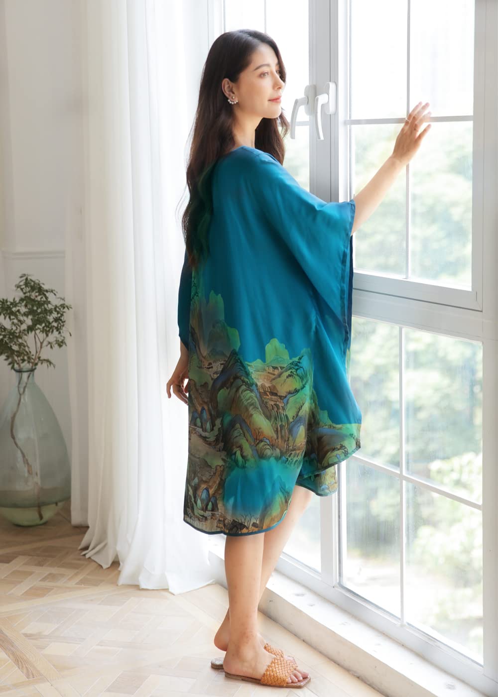 Luxury 100% Pure Silk Pajama Set for Women - Floral Print Silk Kimono Robe with Doll Sleeves - Elegant Sleepwear & Loungewear for Spa Days, Bridal Showers, and Relaxing Evenings at Home