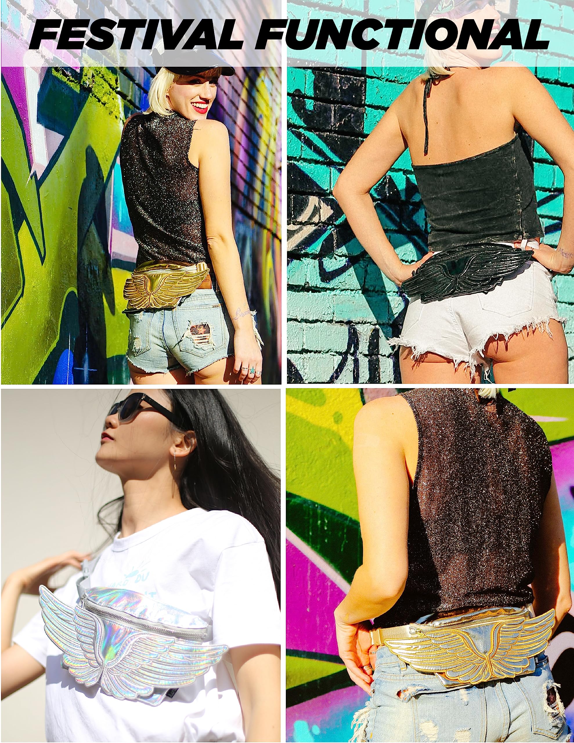 Retro 80s Fashion Fanny Pack for Women & Men - Crossbody Waist Bag with Adjustable Belt, Small Cute Festival & Concert Bag (WINGS Purple) - Perfect for Outdoor Activities, Travel, Music Events & Daily Use