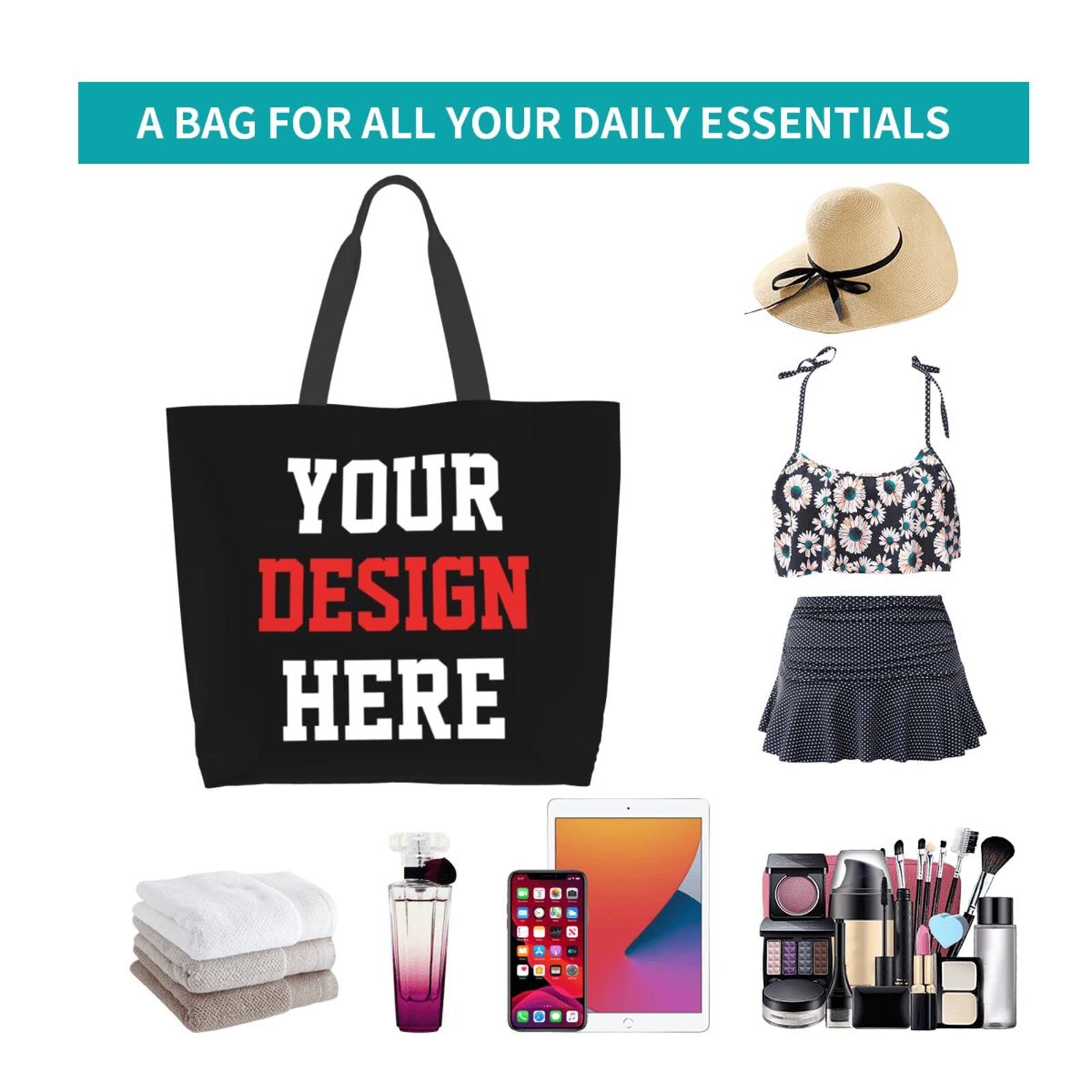 Custom Tote Bags with Logo - Personalized Team Text & Picture Shoulder Bags for Women, Travel, Business, Shopping & Teacher Gifts | Durable & Stylish Reusable Grocery Bag