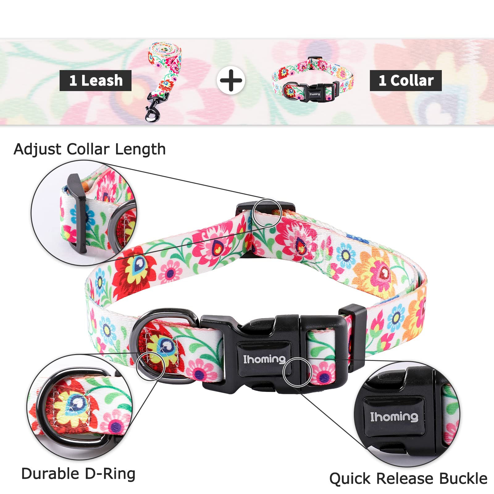 Ihoming Puppy Collar and Leash Set - White Floral Design for Small Dogs & Cats (XS, Up to 10LBS) - Perfect for Outdoor Walking, Running & Training - Ideal for Puppies, Kittens & Pet Fashion Lovers