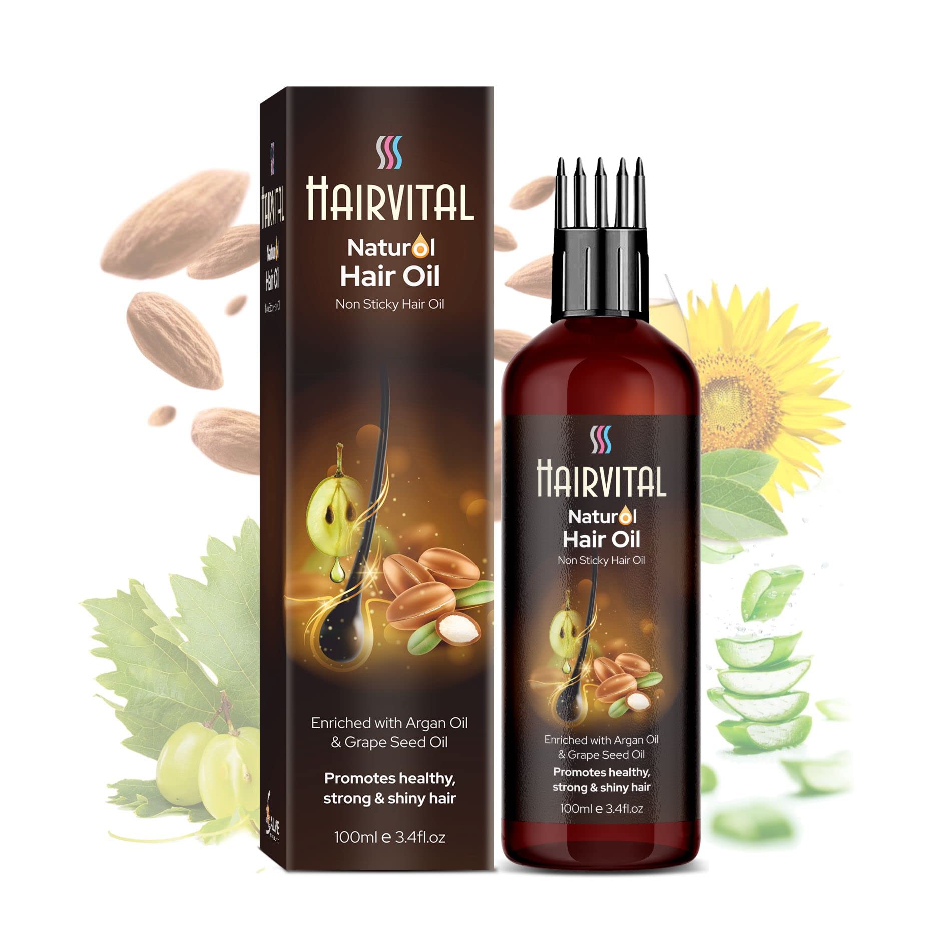 Hairvital Non-Sticky Natural Hair Oil with Comb Applicator - Enriched with Argan Oil & Grapeseed Oil for Dry, Frizzy Hair - Hydrates, Reduces Hair Loss - 100ml - Perfect for Daily Hair Care & Styling