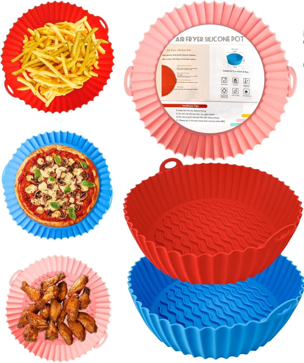 3-Pack Reusable 8.5 Inch Silicone Air Fryer Liners for 4-8QT Air Fryers - Heat Resistant Basket Trays & Pot Inserts - Perfect for Cooking, Baking, and Meal Prep