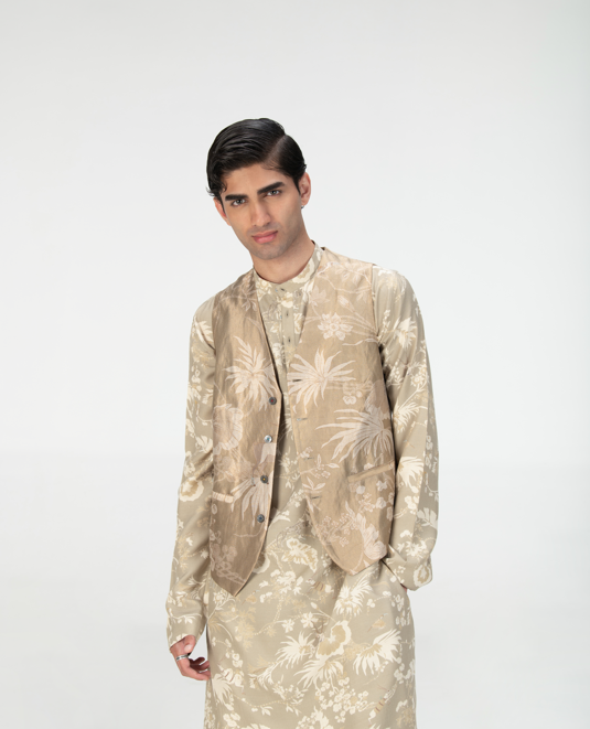 Elegant Silk Brocade Vest Coat in Oyster Grey - Perfect for Formal Events, Weddings & Special Occasions