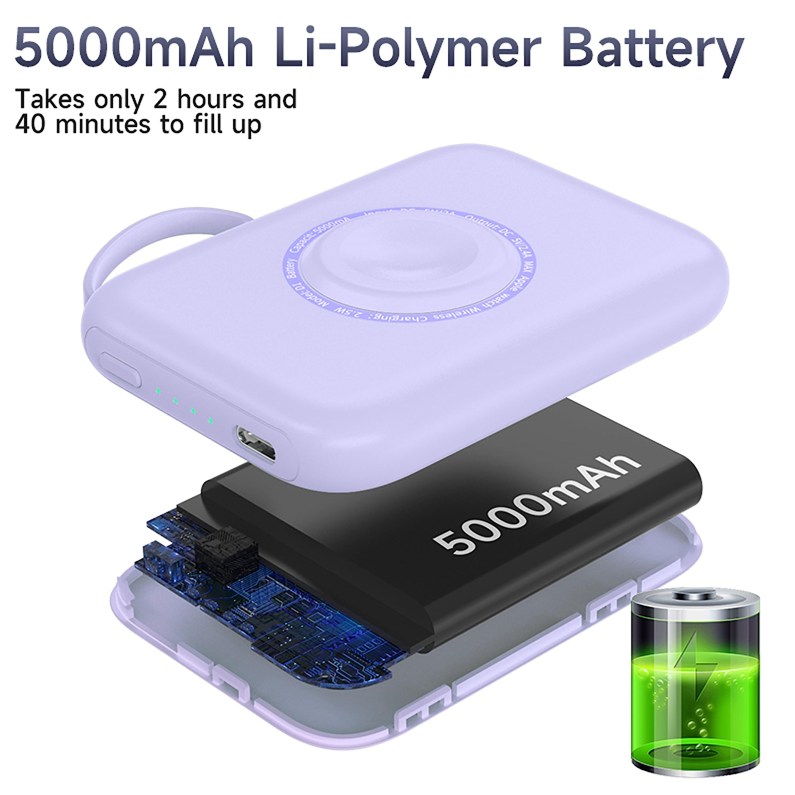 HUOTO 5000mAh Portable Charger with Built-in Cable - Magnetic Power Bank for Apple Watch Series 1-9, iPhone 11/12/13, AirPods & Smartphones | Compact Travel Charger for Gym, Hiking & Business Trips