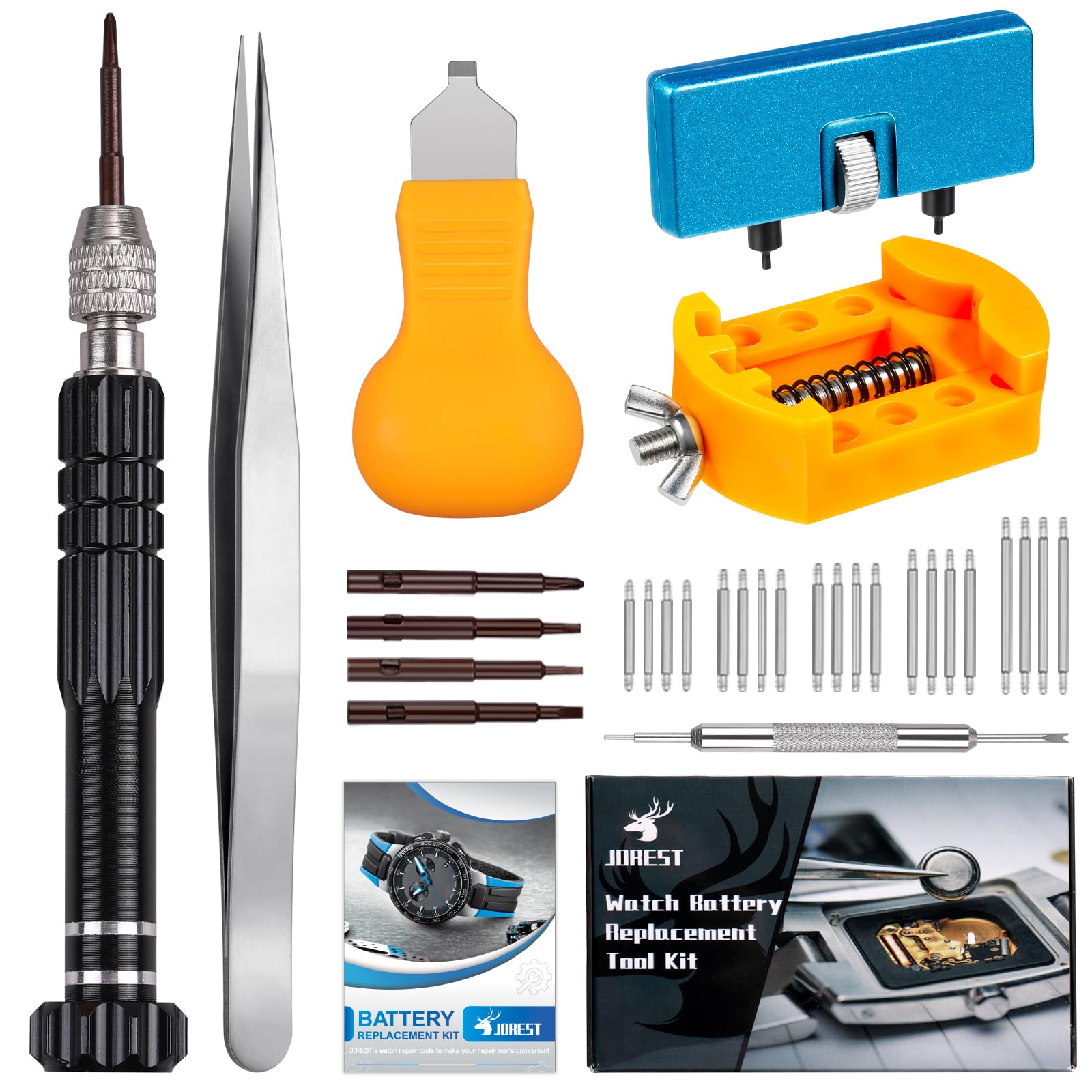 JOREST Professional Watch Battery Replacement Kit - Watch Repair Screwdriver Set with Spring Bar Tool, Case Opener & Back Remover - Essential Watch Band Replacement Tools for DIY Watch Repair at Home or Jewelry Shop