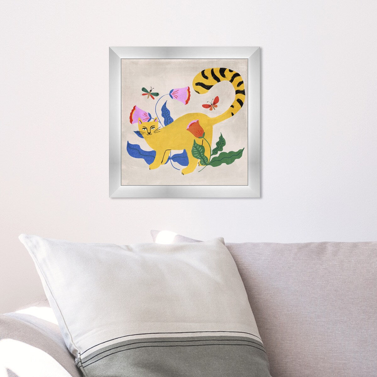 Blonde Tabby Floral Kitten Butterfly Garden Modern Yellow Framed Wall Art Print - Home Decor for Bedroom, Living Room & Nursery