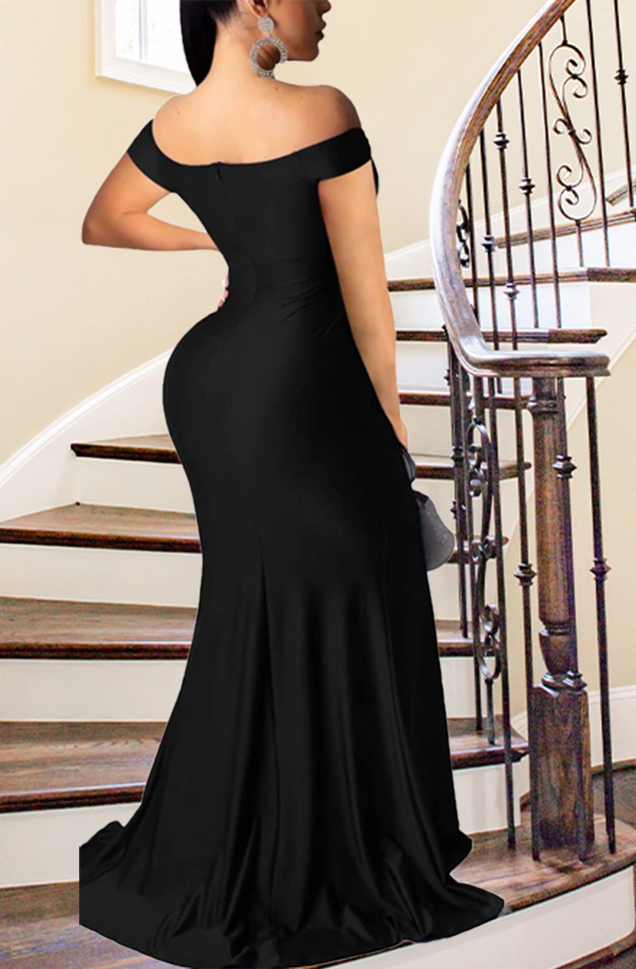 Elegant Women's Off Shoulder Prom Evening Gown - Sexy V Neck Short Sleeve Wrap Formal Dress with High Slit for Wedding Guest, Party, Cocktail & Special Occasions