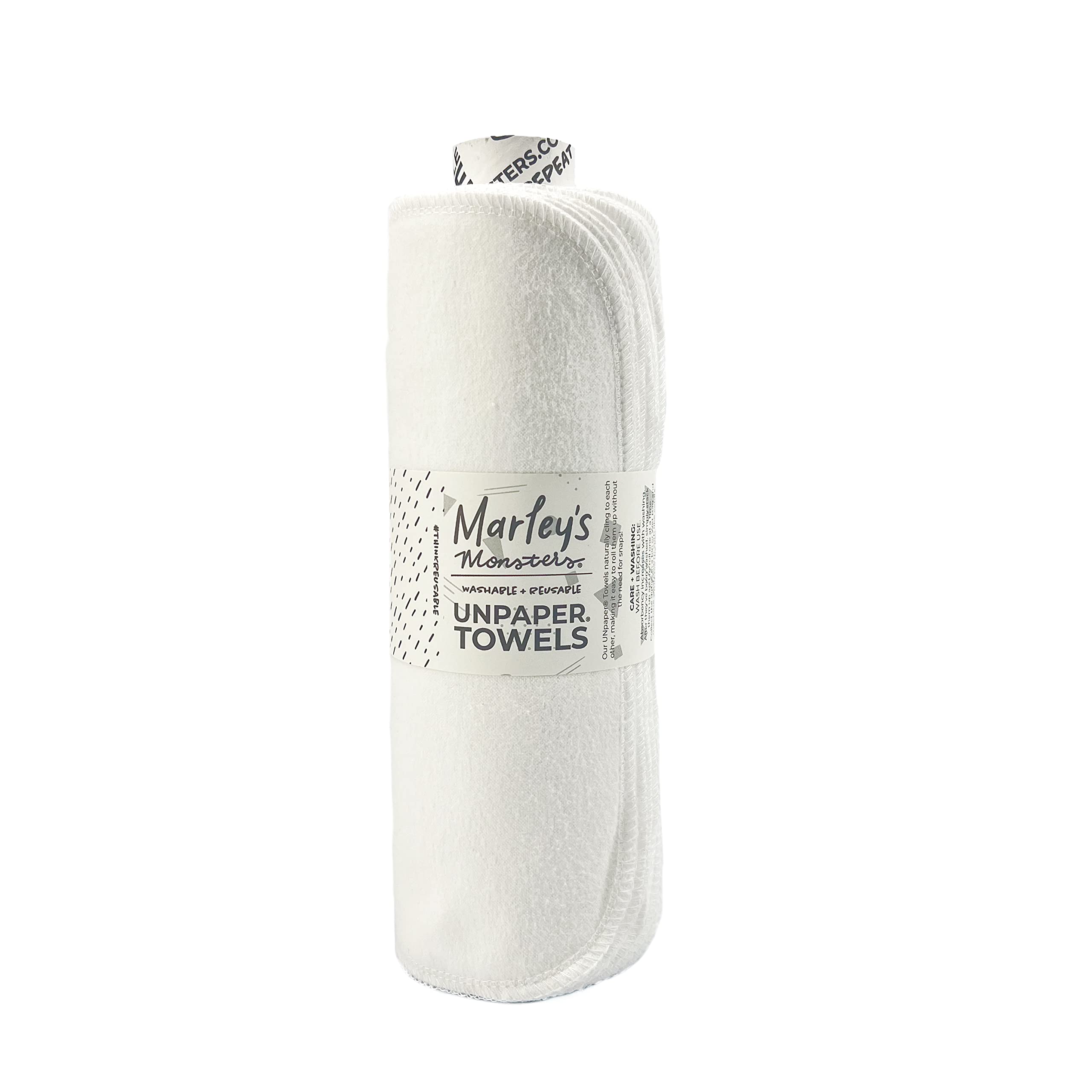 Marley's Monsters UNpaper Towels - 24 Count Roll of Reusable Cotton Towels | Eco-Friendly, Tree-Free, Washable Paper Towel Alternative | Perfect for Kitchen Cleaning, Spills, and Sustainable Living (White)