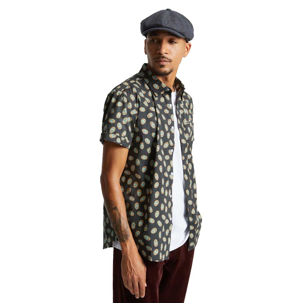 Brixton Charter Print Short Sleeve Woven Shirt - Washed Black/Teal - Casual Summer Wear for Men