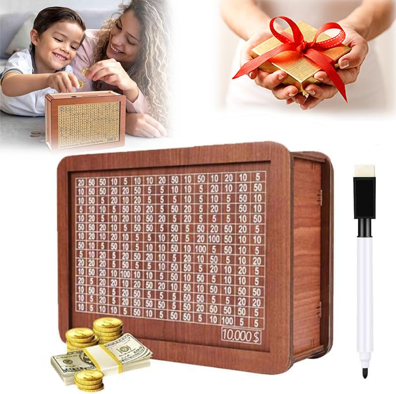 2024 Premium Wooden Cash Vault Savings Box - 10,000 Dollar Money Challenge with Target Numbers | Secure Cash Saver for Adults | Perfect for Budgeting, Emergency Funds & Financial Goals