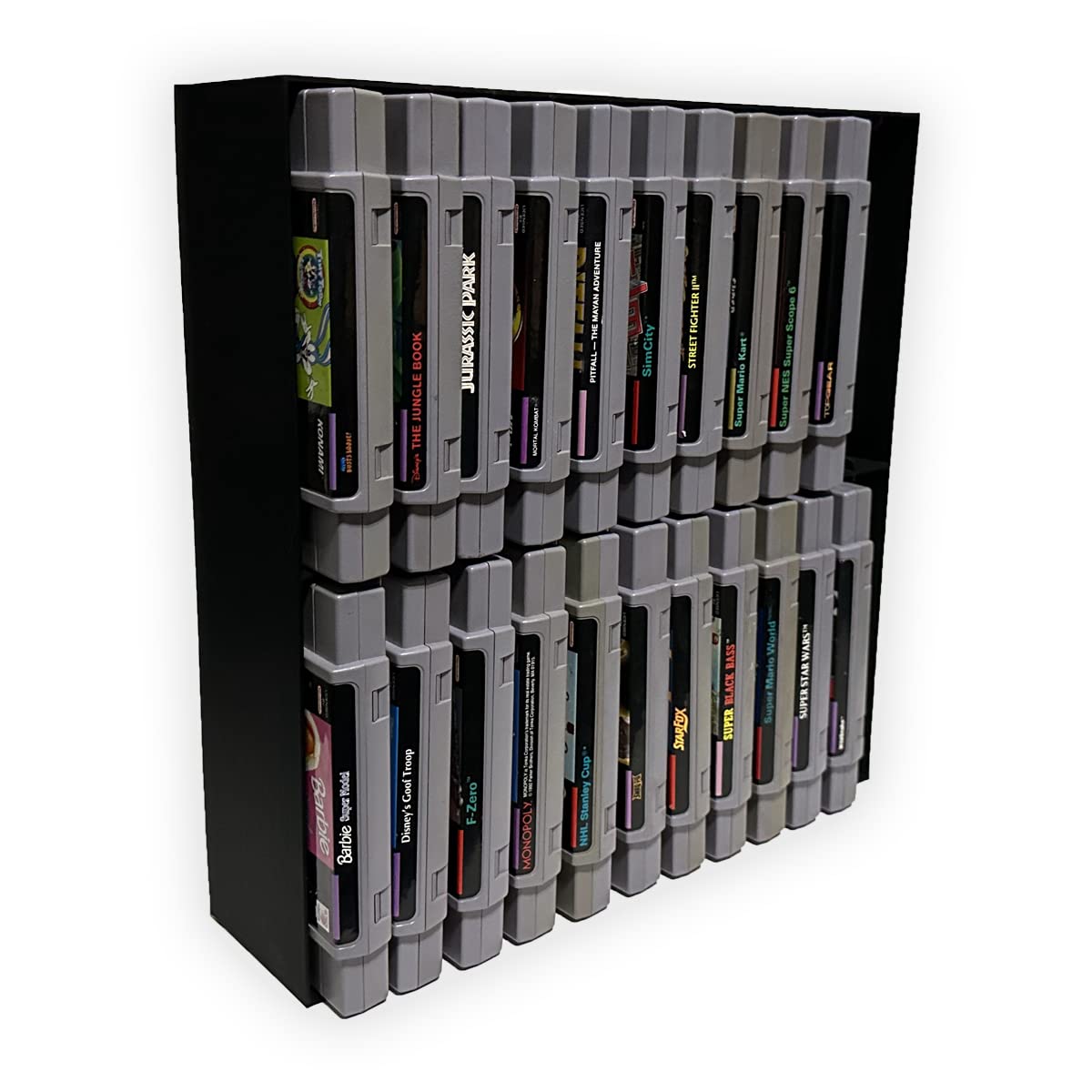 SNES Game Storage Rack - Holds 24 Super Nintendo Entertainment System Cartridges | Closed Back Design | Perfect for Game Room Organization & Collector Display
