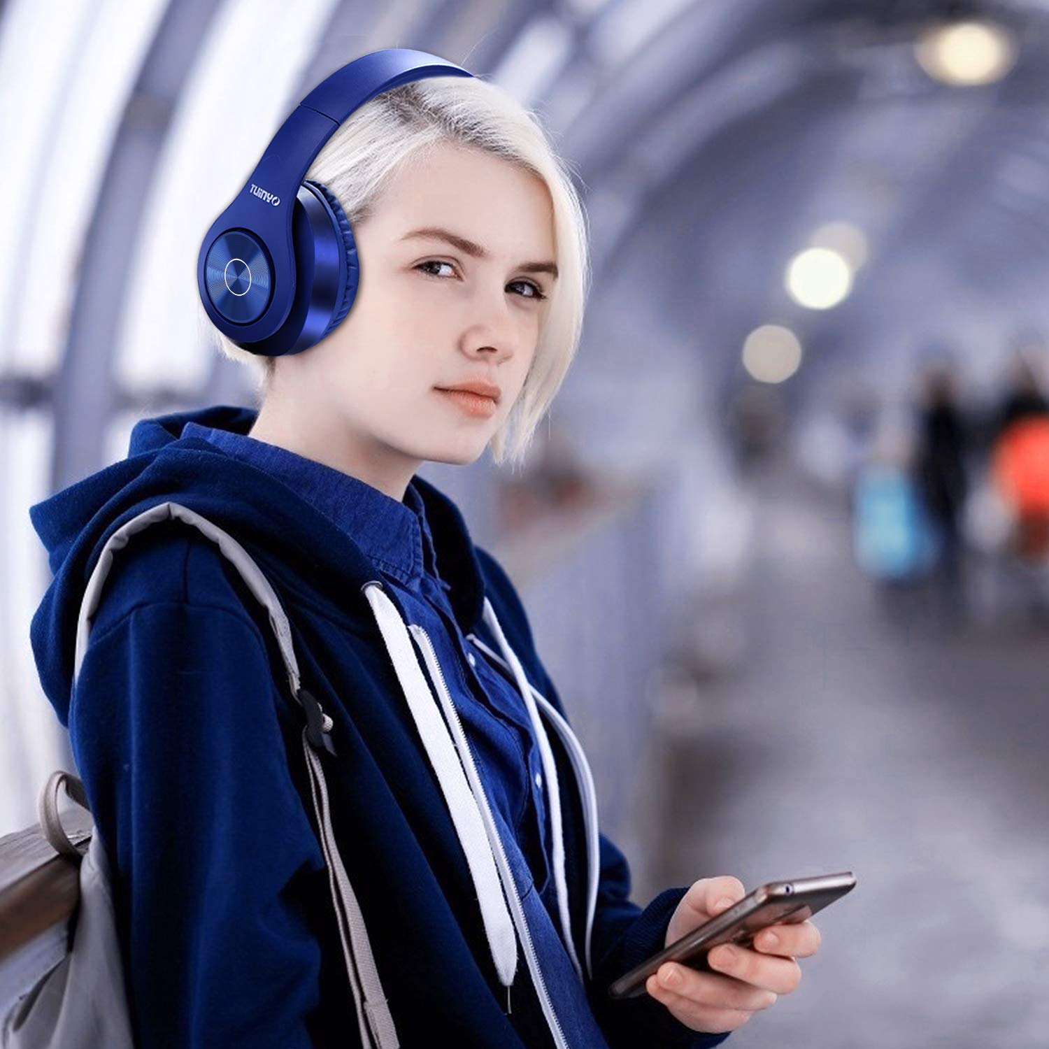 TUINYO Wireless Bluetooth Headphones Over Ear with 40H Playtime, Deep Bass & Built-in Mic - Soft Memory-Protein Earmuffs for PC, Cell Phone & TV (Dark Blue) - Perfect for Gaming, Workouts & Travel
