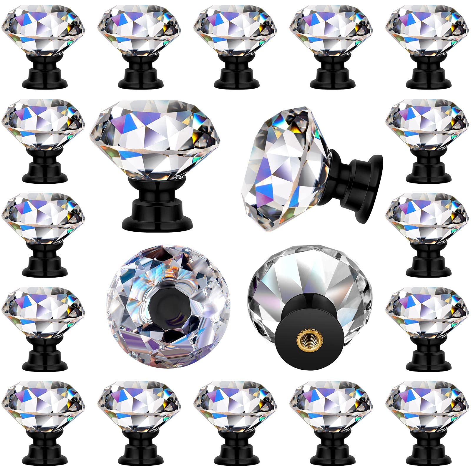 30mm Clear Crystal Drawer Knobs - Diamond Glass Cabinet Pulls with Screws for Kitchen, Bathroom, Office Cabinets