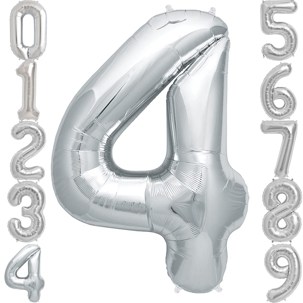 42 Inch Silver Foil Number 4 Balloon for Birthday Parties, Anniversaries & Special Celebrations - Large Metallic Helium Balloon Decorations