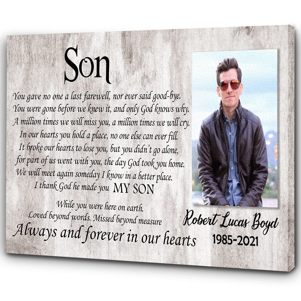 Personalized Memorial Canvas - Custom Sympathy Gift for Loss of Son | In Loving Memory Bereavement Keepsake | 16x12 Inch Wall Art for Condolence & Remembrance | Perfect for Home Memorial, Funeral Tribute & Healing Process