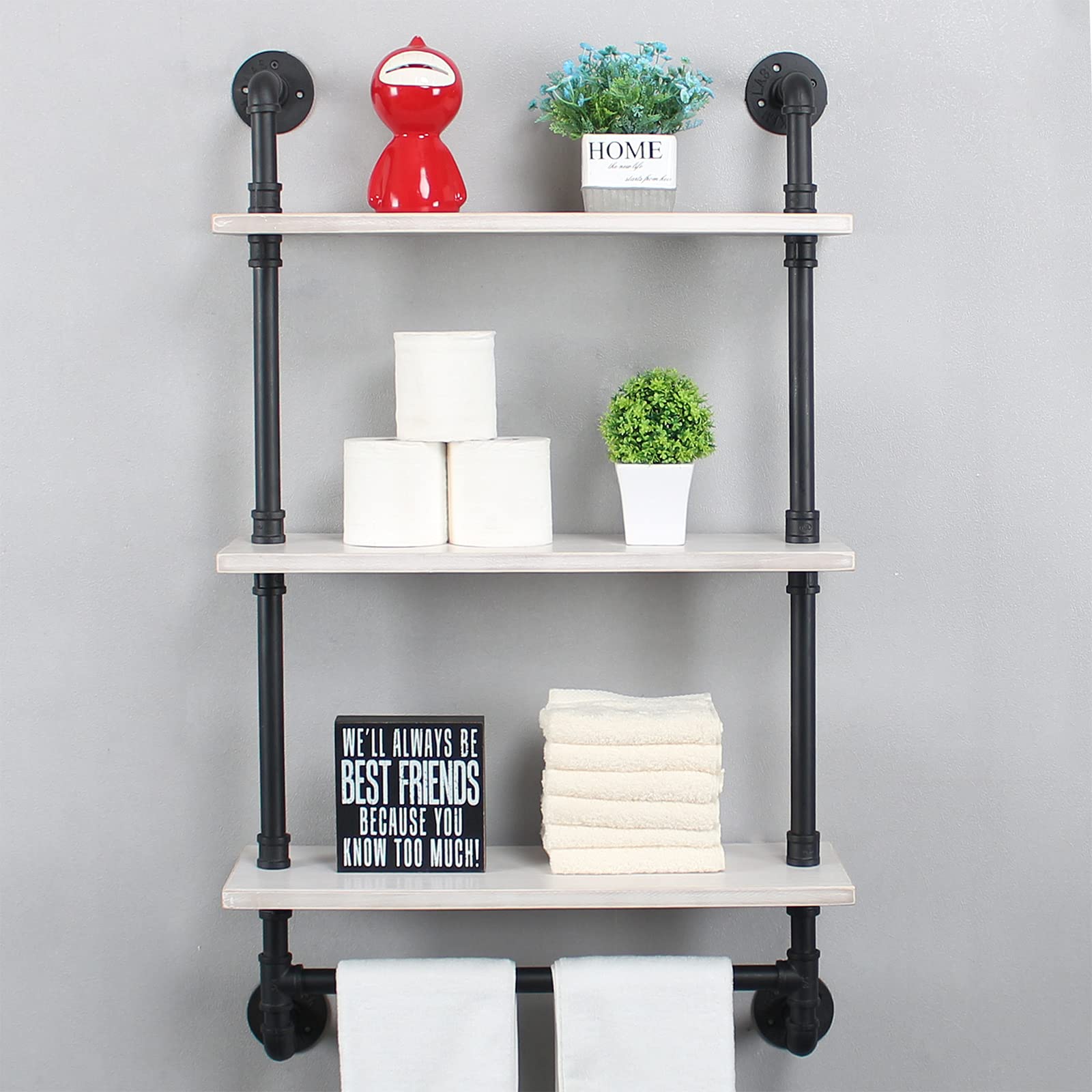 Industrial Pipe Shelving Set - 3-Tier Rustic Metal Floating Wall Shelf with Towel Bar (24 Inch, Black & White) - Heavy Duty Bathroom & Kitchen Storage for Towels, Spices & Decor
