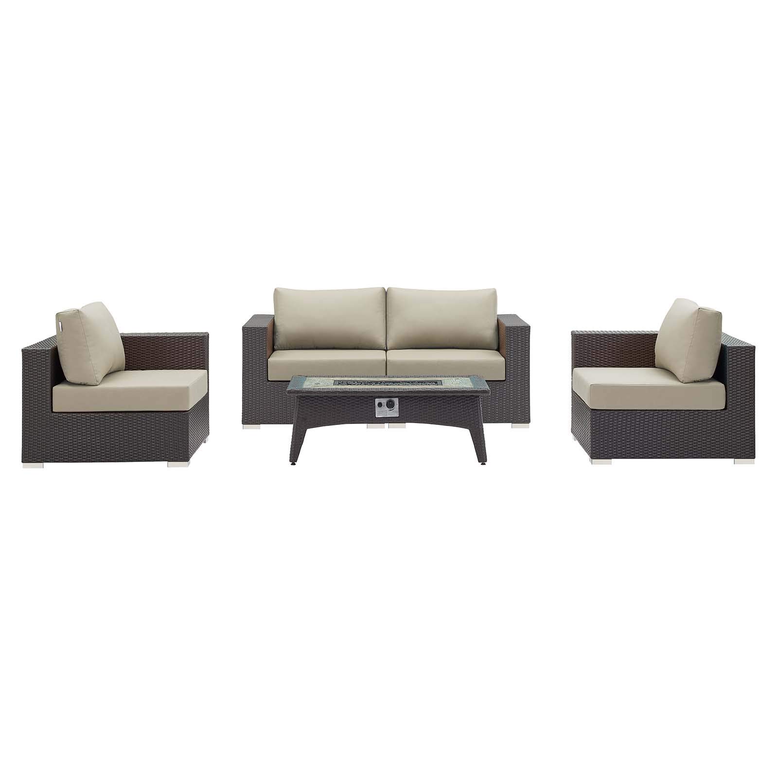 Modern Outdoor Patio Lounge Sofa Set with Fire Pit Table - Beige Fabric Rattan Wicker Furniture for Garden, Poolside, and Backyard Relaxation