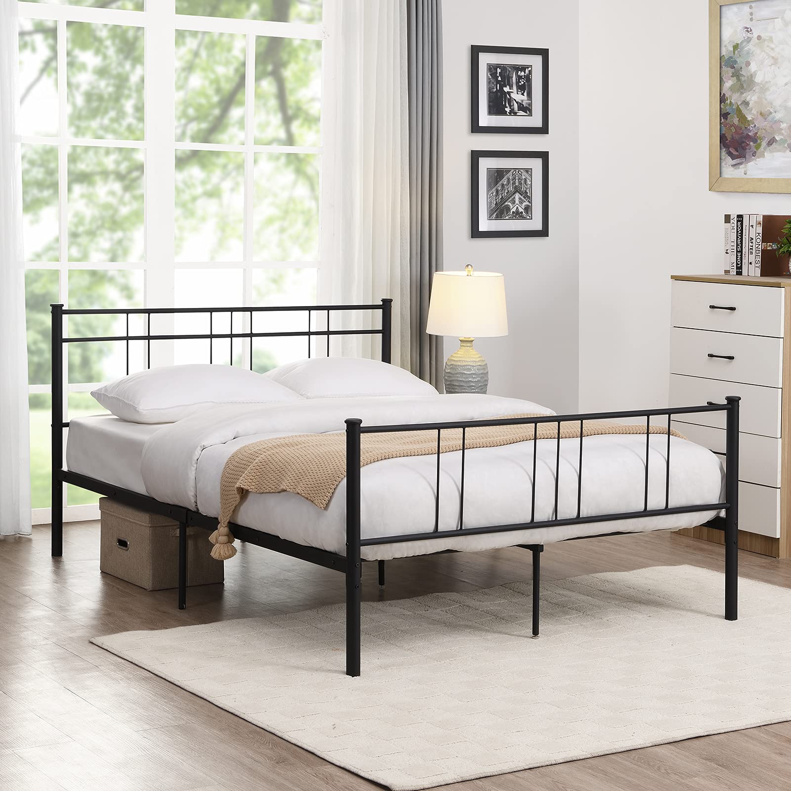 Black Metal Bed Frame Twin Size with Headboard - No Box Spring Needed, Sturdy Iron Bed Frame for Bedroom | Noise-Free & Non-Slip Steel Platform with Under-Bed Storage Space | Perfect for Small Spaces, Guest Rooms & Dormitories