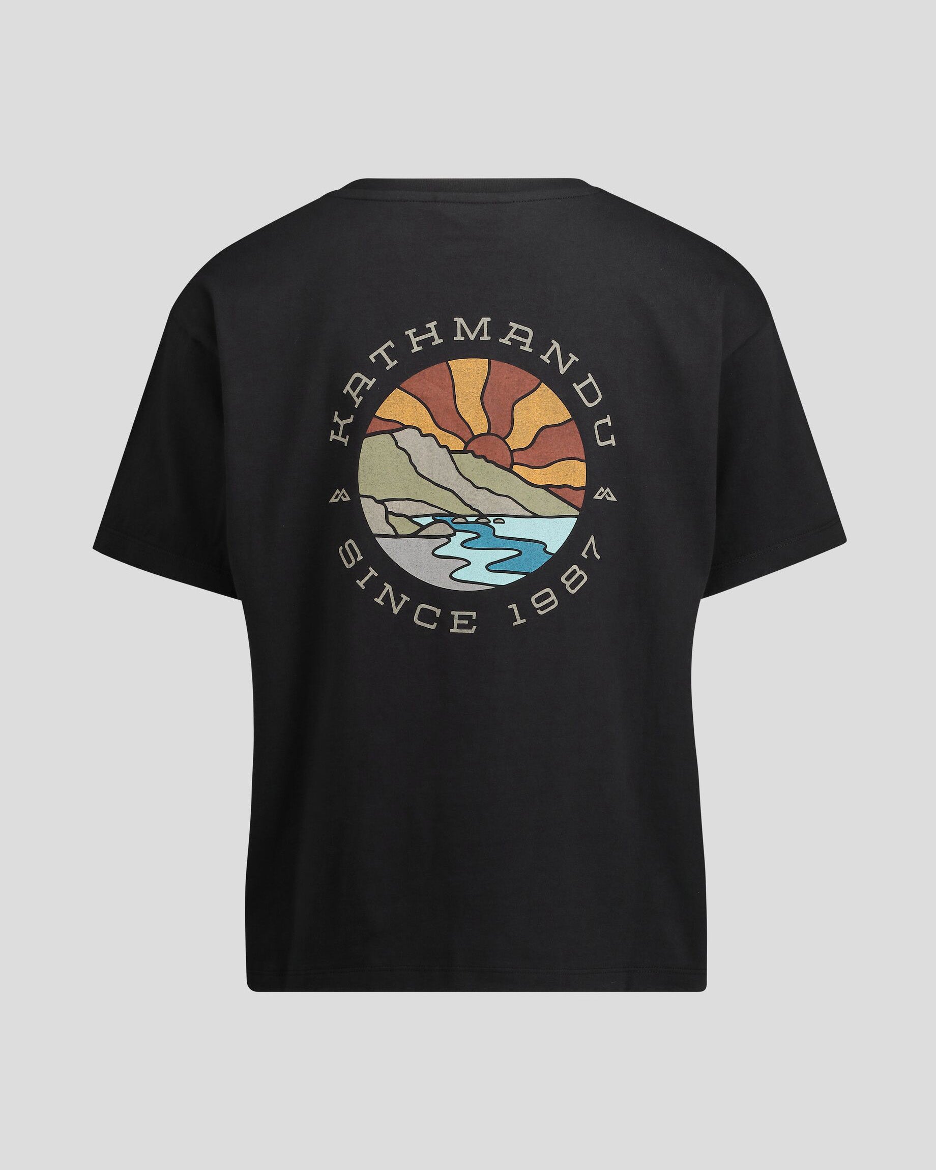 Women's Kathmandu Logo Sunburst Organic Cotton T-Shirt - Black | Eco-Friendly Casual Tee for Outdoor Adventures & Everyday Wear