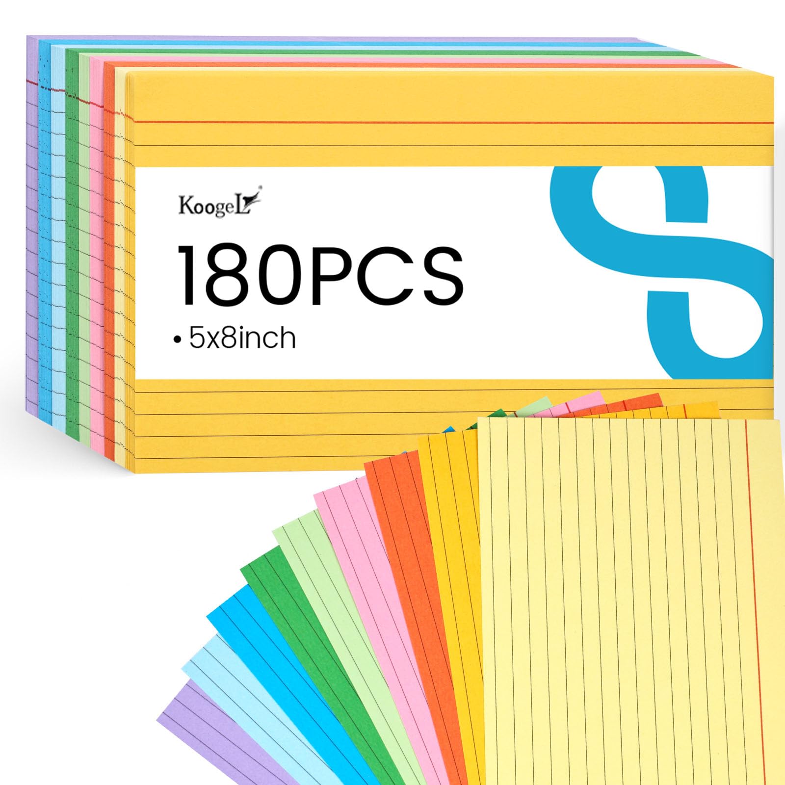 Koogel 180PCS Ruled Index Cards - 5 x 8 Inch Colorful Lined Flash Cards for Study Notes, School & Office Organization | Perfect for Vocabulary Learning, Exam Prep & Business Presentations