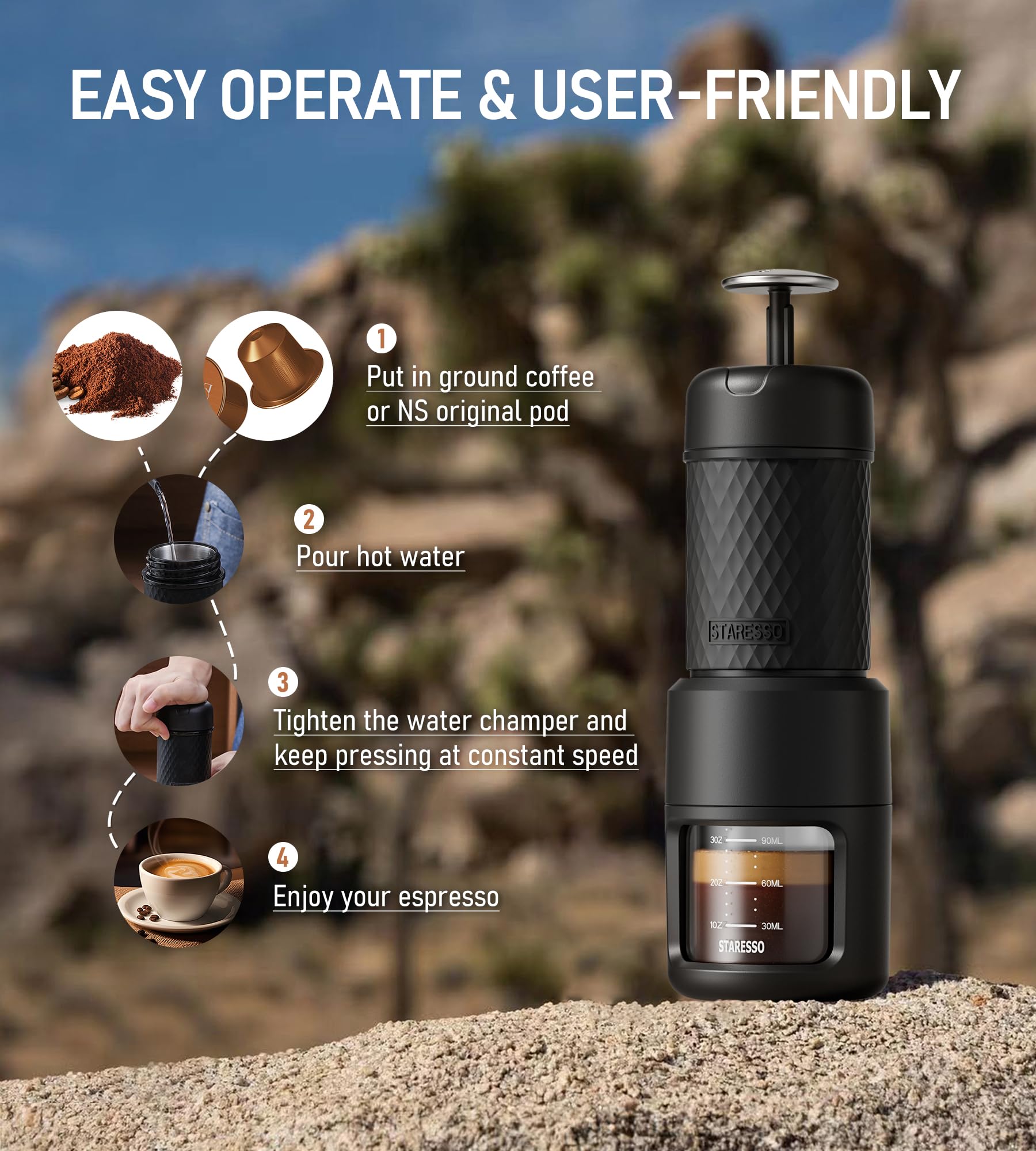 STARESSO Classic Portable Espresso Maker - 2-in-1 Travel Coffee Machine for Ground Coffee & Nespresso Pods | Manual Stainless Steel Espresso Maker for Camping, Hiking, Office & Home Use