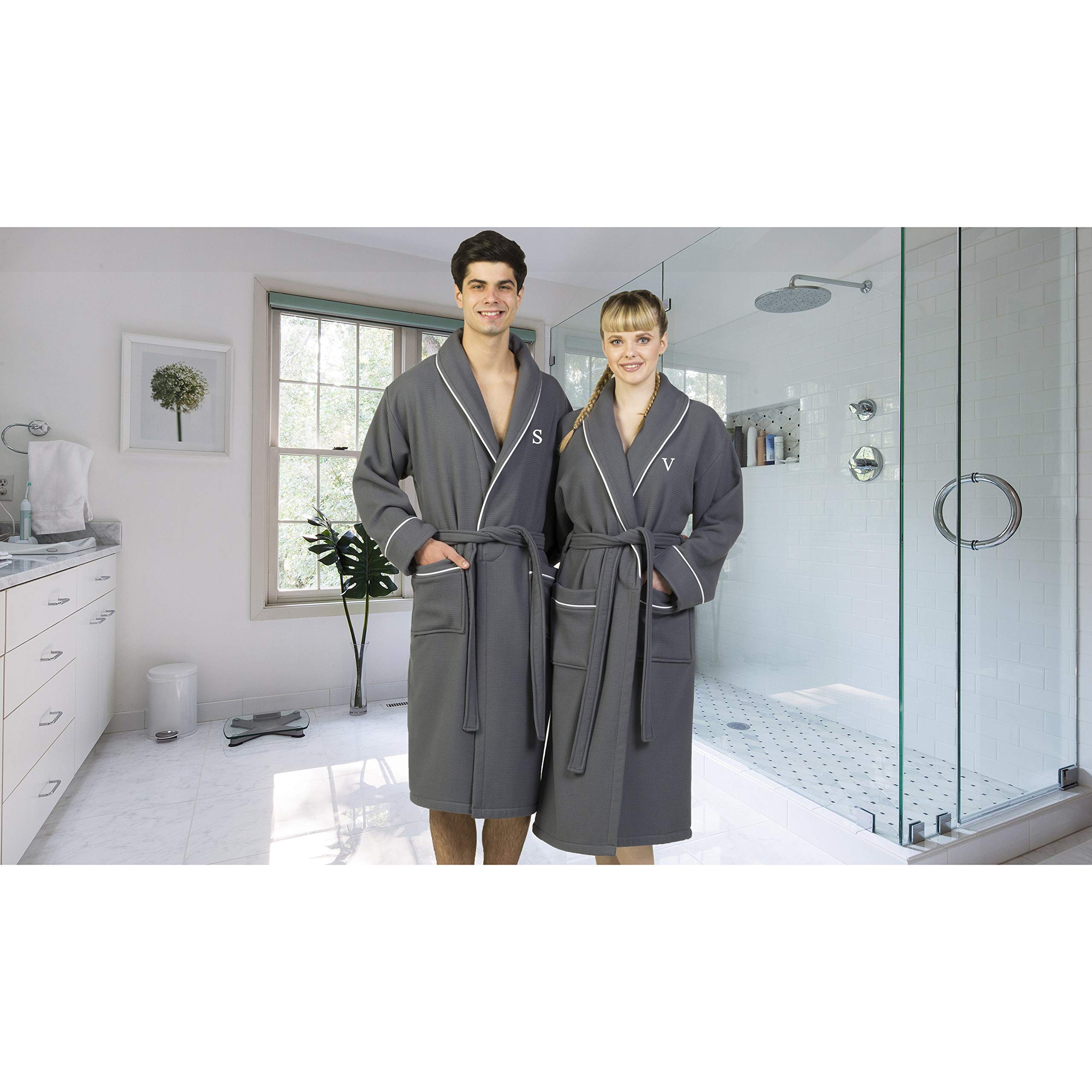 Premium Dark Grey Unisex Turkish Cotton Waffle Weave Terry Bathrobe with White Block Monogram B S/M - Soft & Absorbent Spa Robe for Women & Men, Perfect for Bath, Lounge & Hotel Luxury