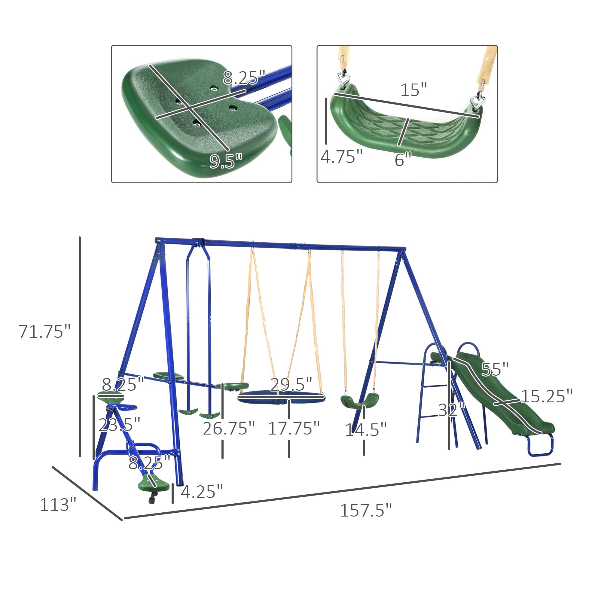 Outsunny 5-in-1 Heavy Duty A-Frame Swing Set for Kids - 29.5