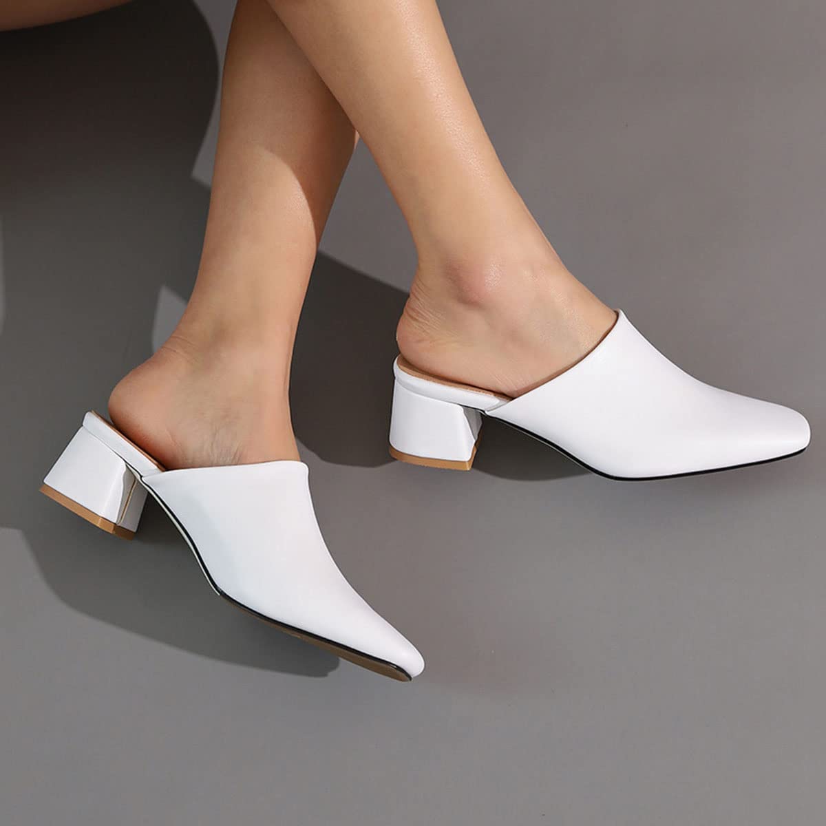 SHEMEE Women's Closed Square Toe Chunky Heel Slides - Comfortable Mule Pumps with Slip-On Design, Mid Block Heels for Casual Wear, Backless Slingback Shoes for Office, Party & Everyday Outfits