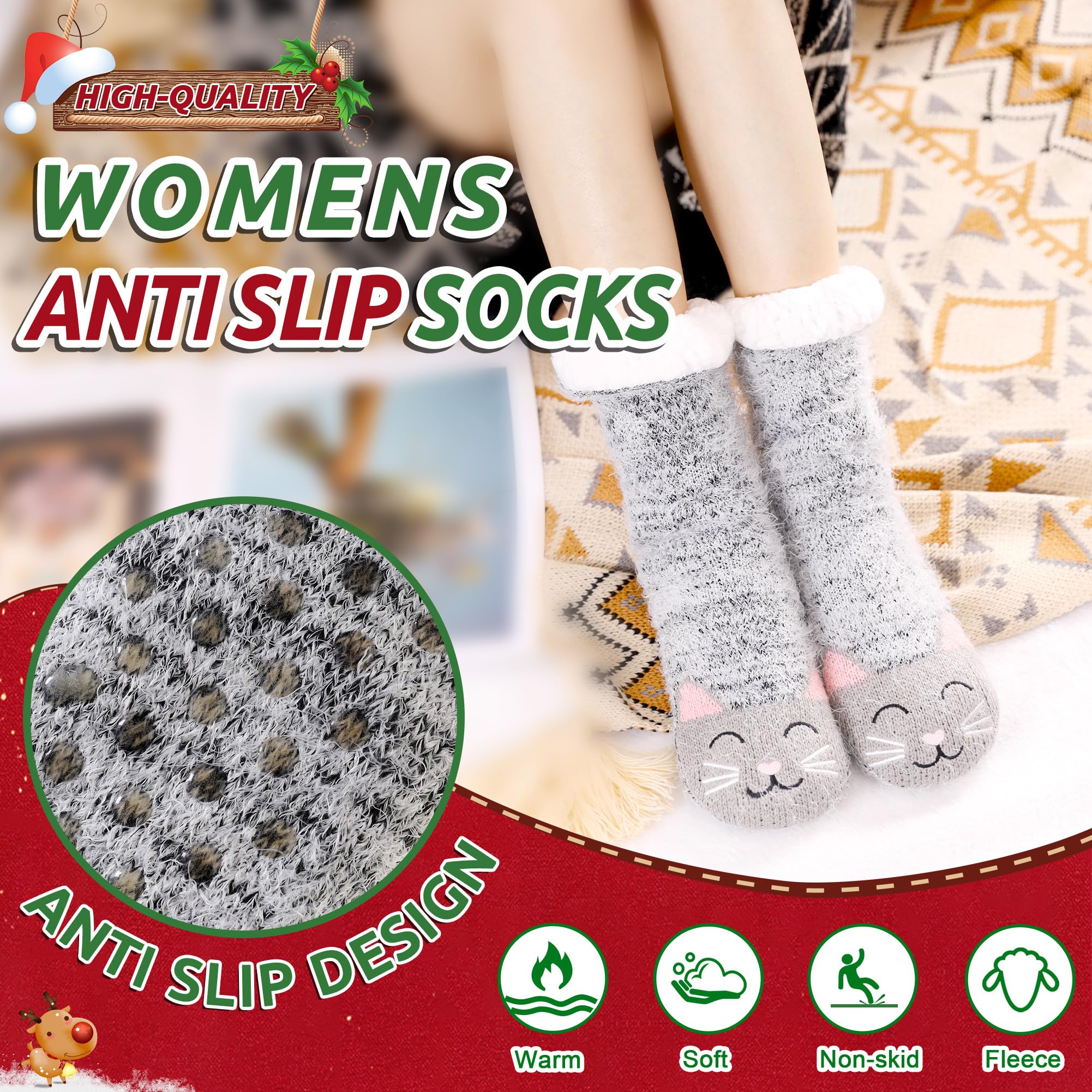 Women's Winter Socks - Warm Knit Anti-Slip Fuzzy Slipper Socks with Cute Animal Designs for Indoor/Outdoor Wear - Perfect for Home, Office & Cold Weather Comfort