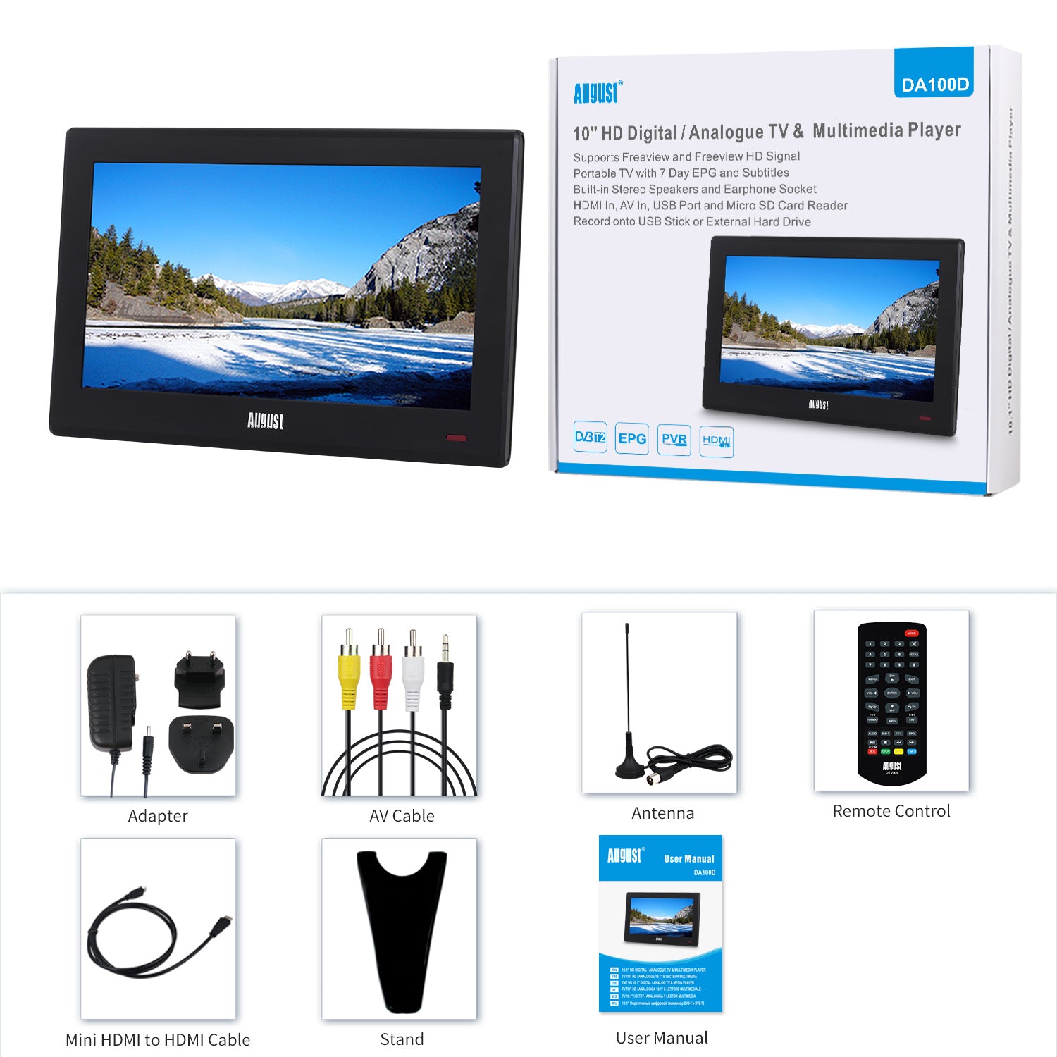 Portable Mini TV 10 Inch with Freeview HD, HDMI, USB, PVR & DVB-T2 - August DA100D Digital Multimedia Receiver for Home, Travel & Camping