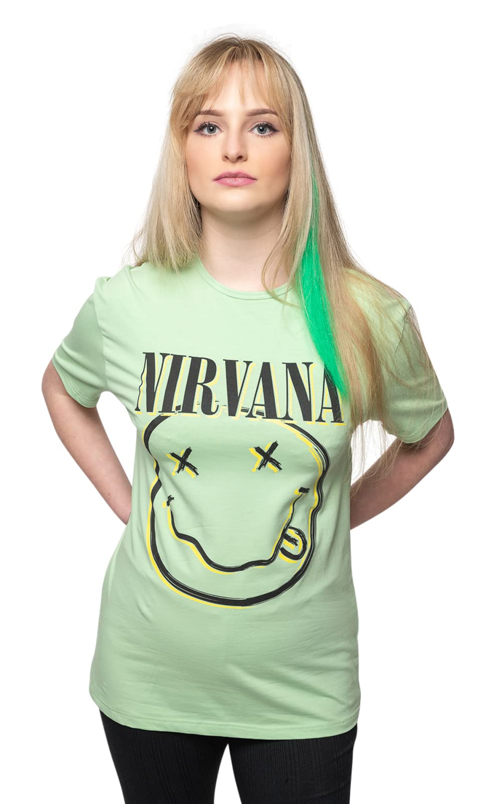 Nirvana Official Unisex Band Logo T-Shirt with Inverse Smile Design in Green - Perfect for Concerts, Grunge Fashion & 90s Retro Style