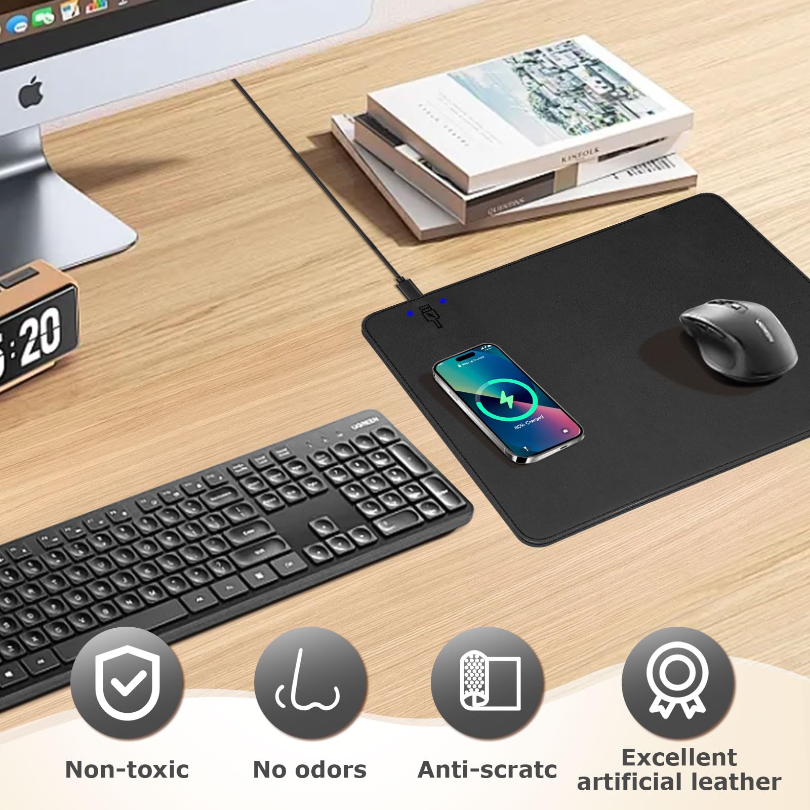 Firelison 2-in-1 Wireless Charging Mouse Pad - Leather Office Desk Mat with Non-Slip Rubber Base, Waterproof Computer Desk Accessory for Work & Home (12