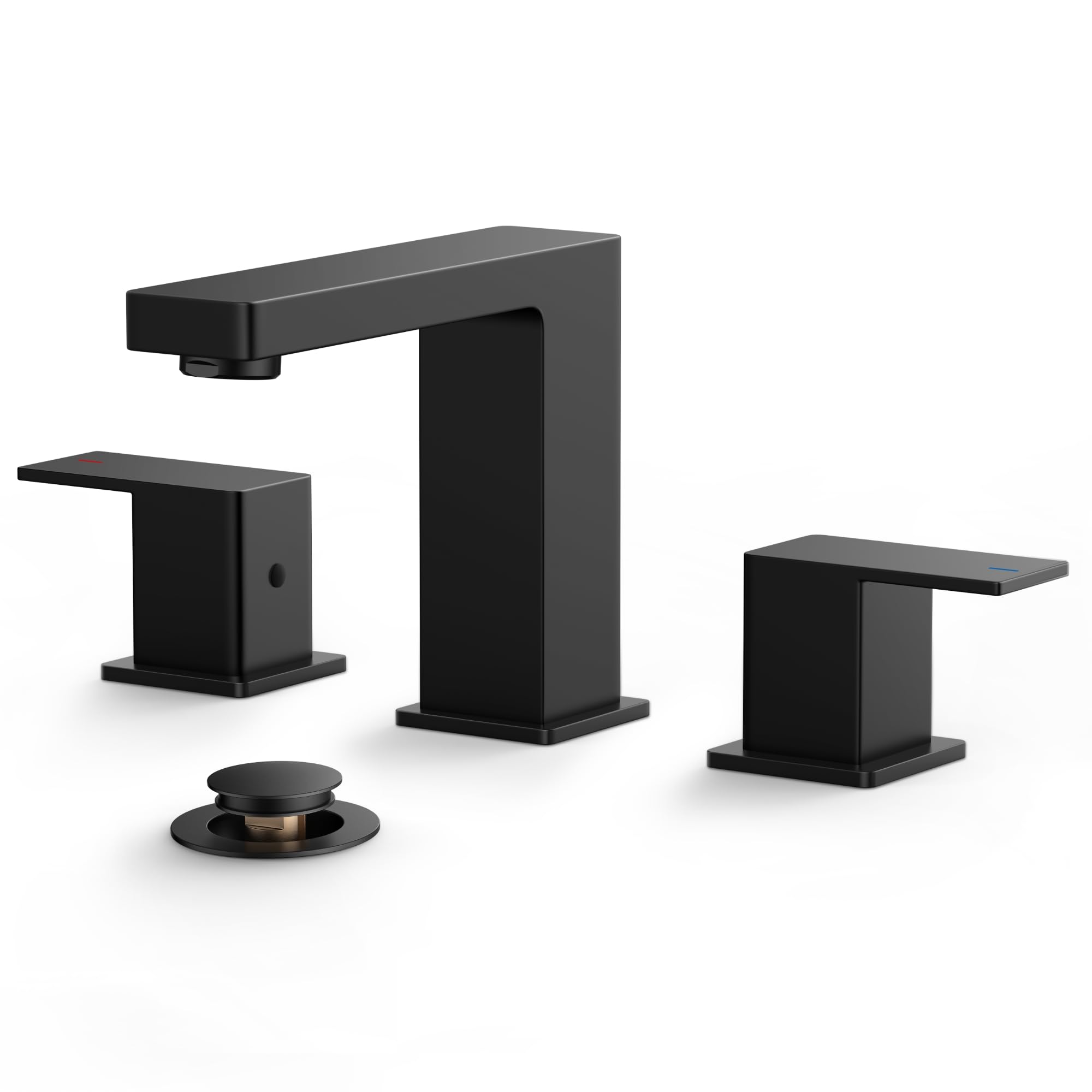 FORIOUS 8 Inch Widespread Bathroom Sink Faucet - 3 Hole Matte Black Bathroom Faucet with Metal Pop Up Drain & Lead-Free Supply Hose for Vanity, Farmhouse, RV Remodel | Perfect for Modern, Rustic & Small Space Bathrooms