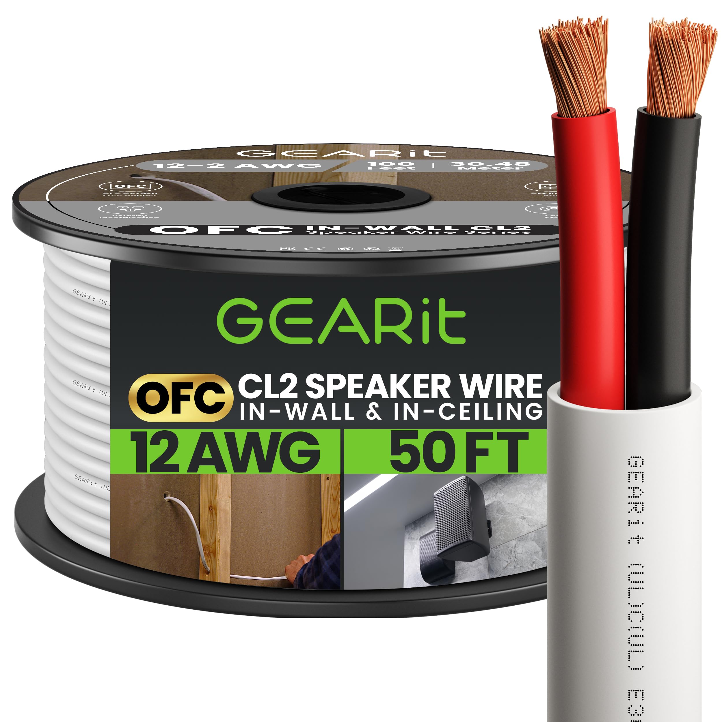 GearIT 12AWG 50ft Speaker Wire - In-Wall CL2 Rated Oxygen-Free Copper Audio Cable for Home Theater & Surround Sound Systems | White 2-Conductor Speaker Wire for Indoor & Outdoor Use