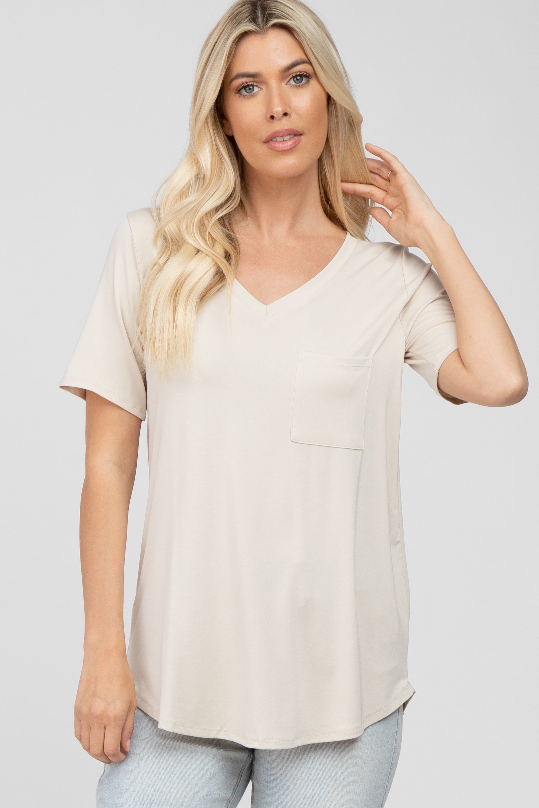 Beige V-Neck Maternity Top with Front Pocket - Soft & Comfortable Short Sleeve Shirt for Pregnant Women - Perfect for Casual Wear, Office & Maternity Photos
