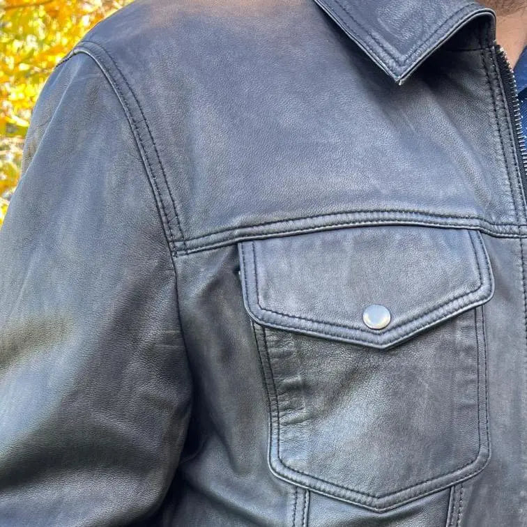 Vintage Style Distressed Denim Lamb Leather Jacket for Men & Women - Perfect for Casual Outfits, Biker Looks & Night Out