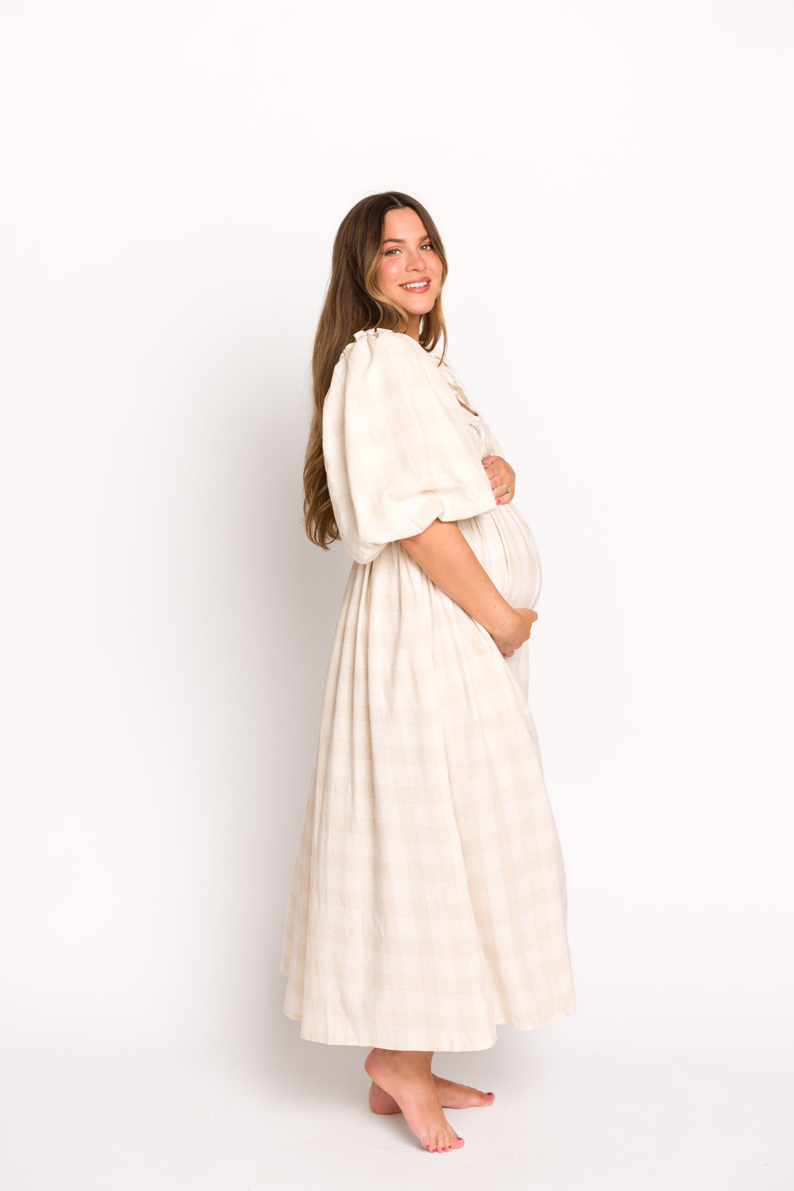 Harlow Maxi Dress in Natural Plaid - Bump Friendly Maternity Dress (Sizes S-3XL) for Pregnancy, Nursing & Everyday Comfort