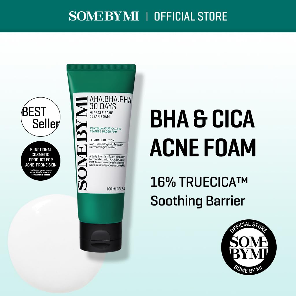 SOME BY MI AHA BHA PHA 30 Days Miracle Acne Clear Foam Cleanser & Toner Set (3.38oz + 5.07oz) - Tea Tree Leaf Extract for Sensitive Skin - Korean Skincare for Sebum Control & Dead Cell Removal - Perfect for Daily Acne-Prone Skin Care Routine