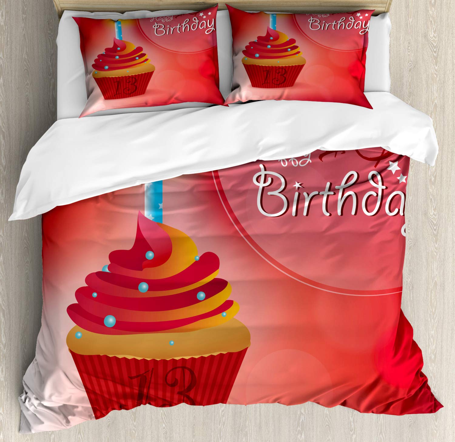 Ambesonne 13th Birthday Duvet Cover Set - King Size 2-Pack with 2 Duvet Covers & 4 Pillowcases, Delicious Cupcake & Blue Candle Design for 13th Birthday Party Decor, Orange Blue Red Theme - Perfect for Teen Bedroom, Sleepover Parties & Birthday Gift