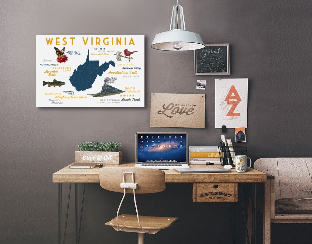 Lantern Press West Virginia Typography & Icons Wall Art - 12x18 Wrapped Canvas Print for Home & Office Decor - Perfect for Living Room, Bedroom or Gift
