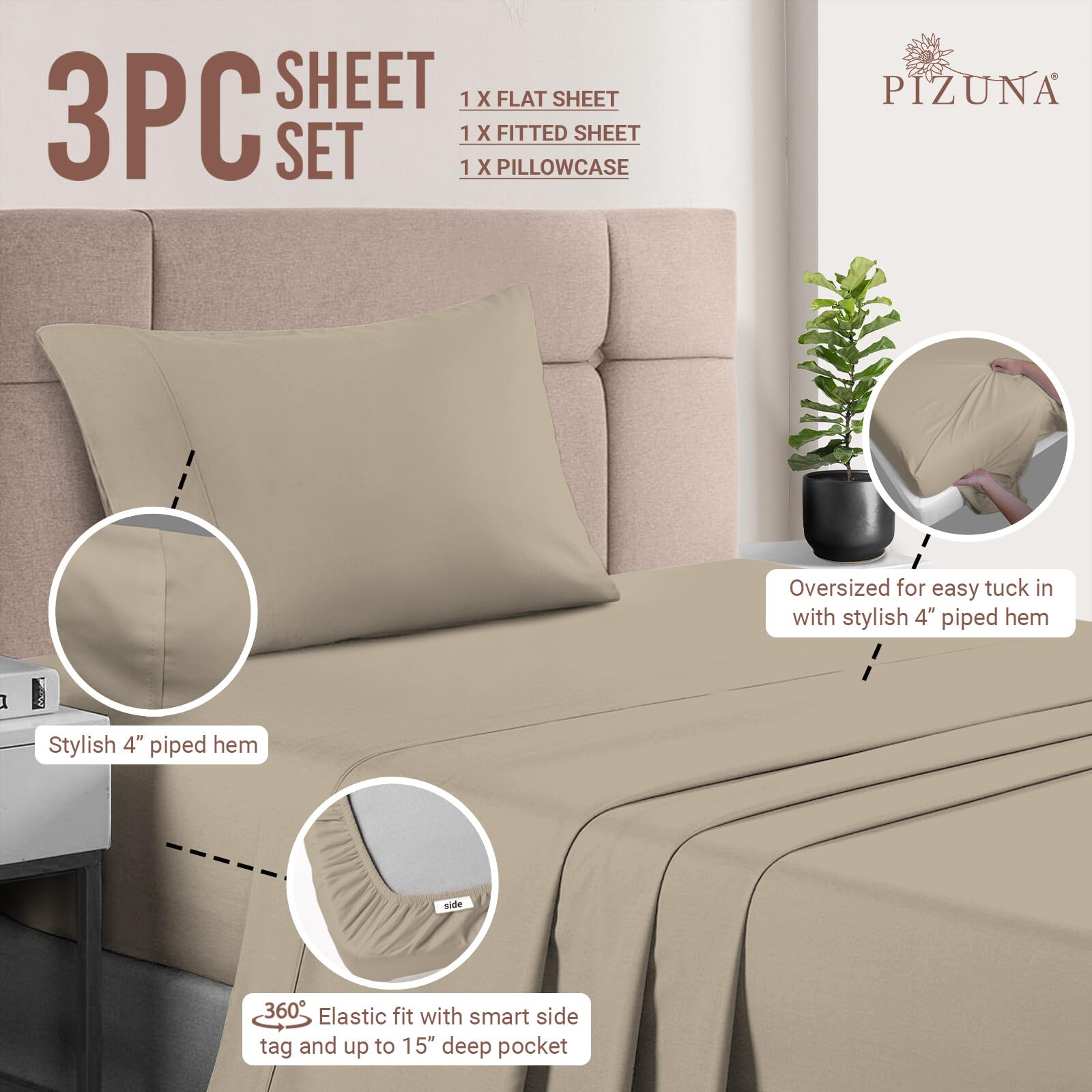 Pizuna Pure 100% Cotton Twin XL Sheets - 400 Thread Count Luxury Sateen Weave with 15