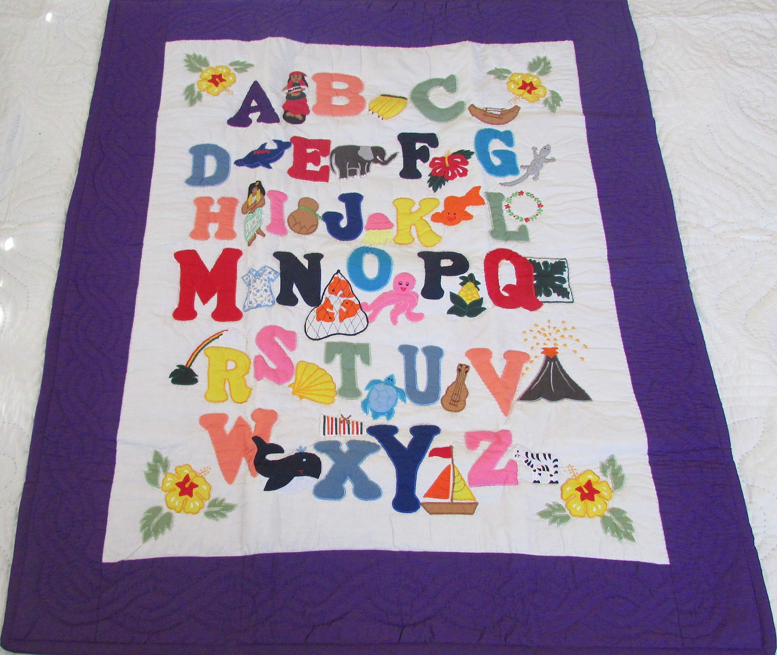 Hawaiian Style Quilt ABC Baby Blanket - Hand Quilted & Machine Appliqued Nursery Decor for Wall Hanging, Crib, and Gift