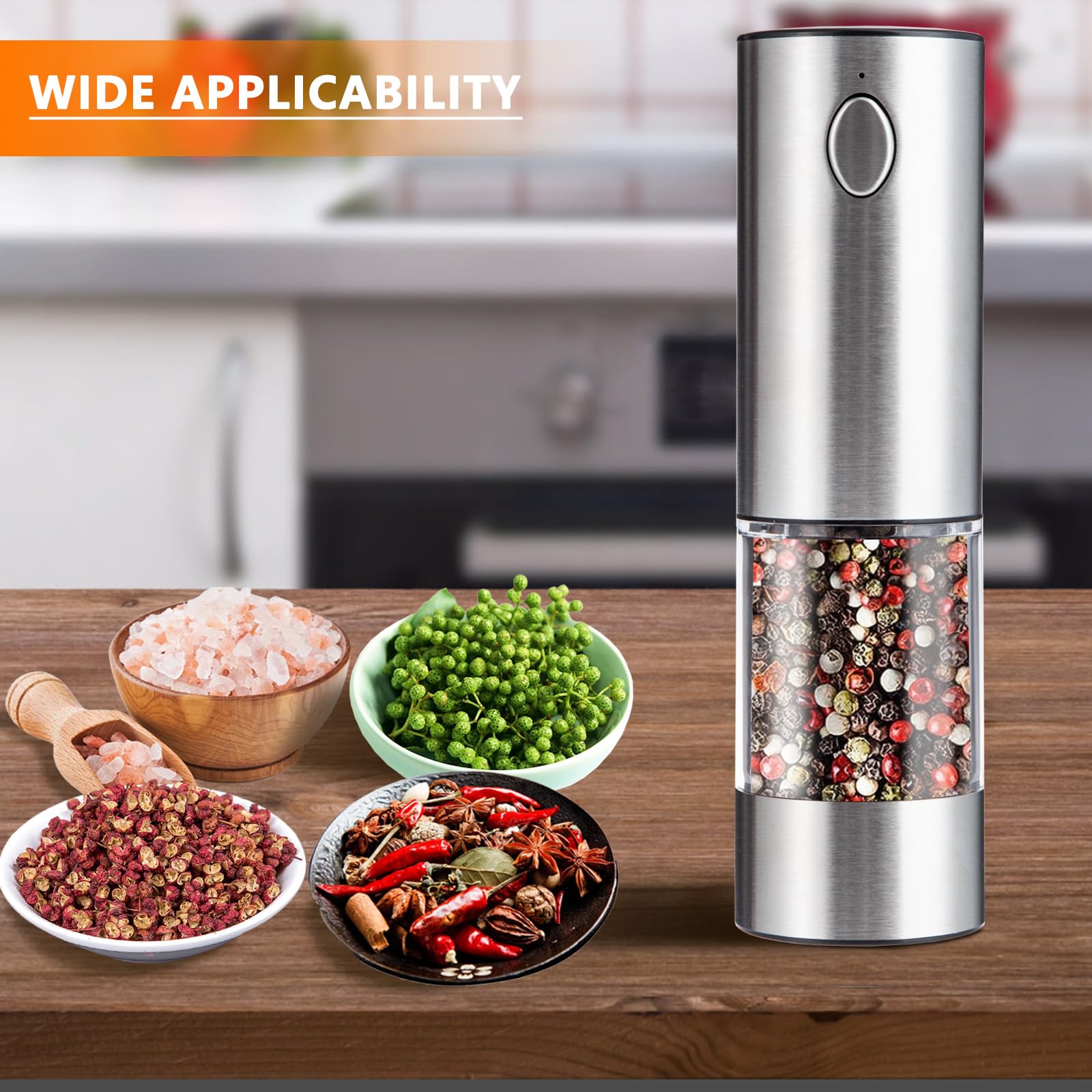 Rechargeable Electric Salt and Pepper Grinder Set (2 Pack) - Stainless Steel Automatic Mills with Adjustable Coarseness & LED Light - Refillable Kitchen Spice Shakers for Cooking, Dining & Home Use - Silver