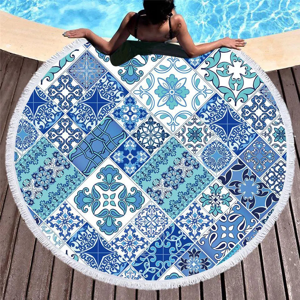 Coastal Mosaic Round Beach Towel - Soft Absorbent Sand-Resistant Bath Towel for Pool, Beach & Vacation - Perfect for Sunbathing, Swimming & Outdoor Activities