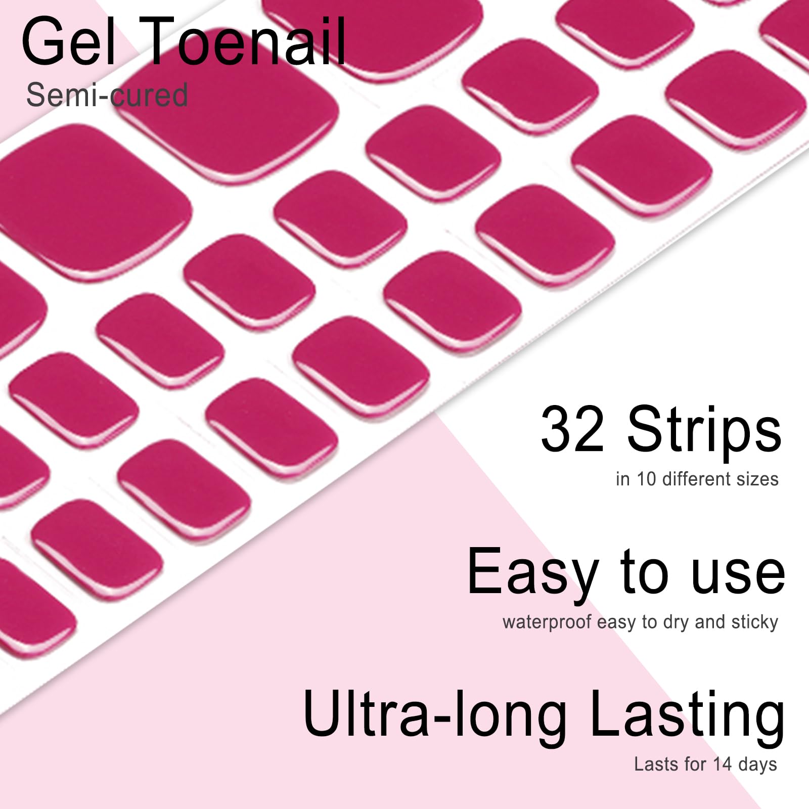 32PCS Semi Cured Gel Toenail Strips - Rose Red UV Gel Nail Stickers for Pedicure, Works with Any UV Lamp, Includes Nail File & Wood Stick - Perfect for Salon & Home Manicure, Party & Wedding Nail Art