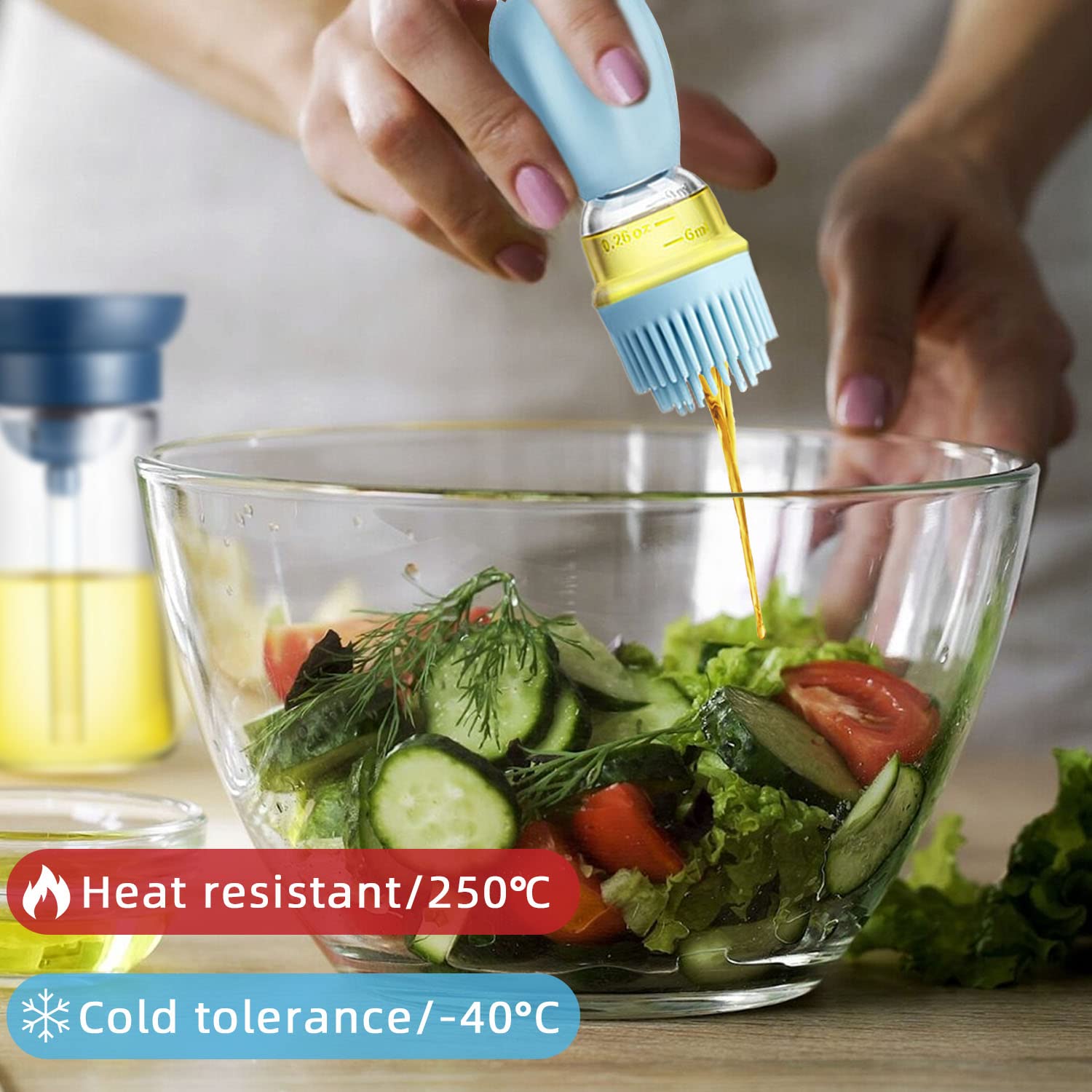 Premium Glass Oil Bottle with Silicone Brush - 2-in-1 Olive Oil Dispenser for Kitchen, Cooking, BBQ, Grill & Air Fryer - Perfect for Basting, Marinating & Salad Dressing (Blue)